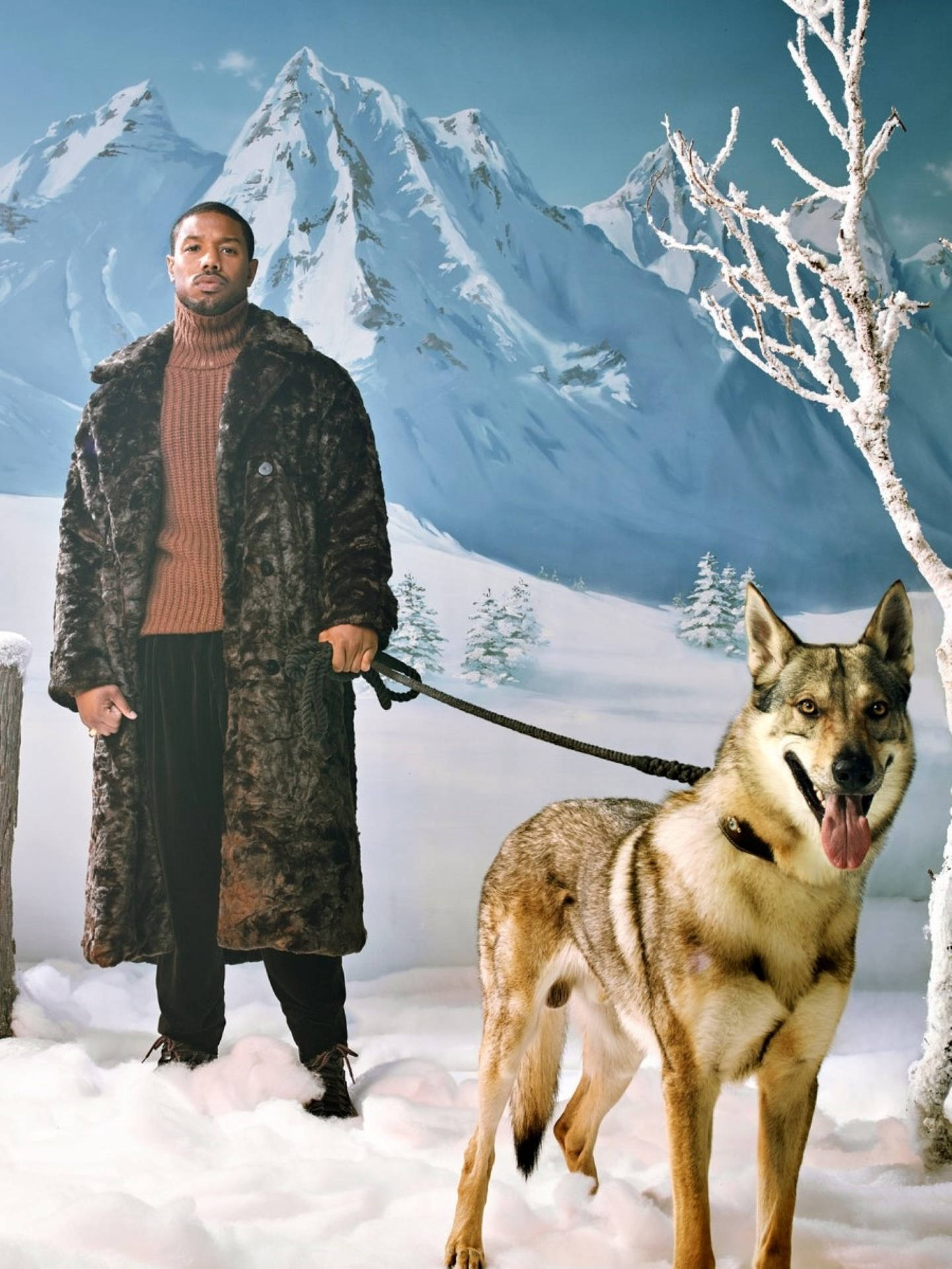 Michael B Jordan, fur coat, snowy mountain landscape, Full HD Phone Wallpaper