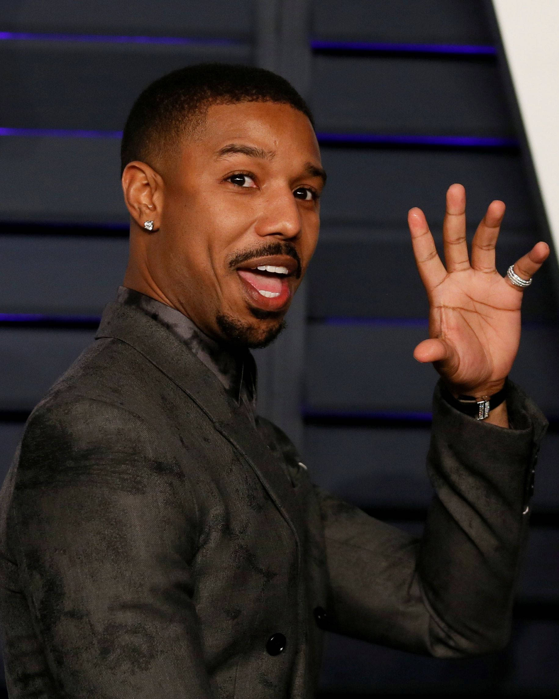 Michael B Jordan, textured gray suit, dark blue slatted wall, Full HD Phone Wallpaper