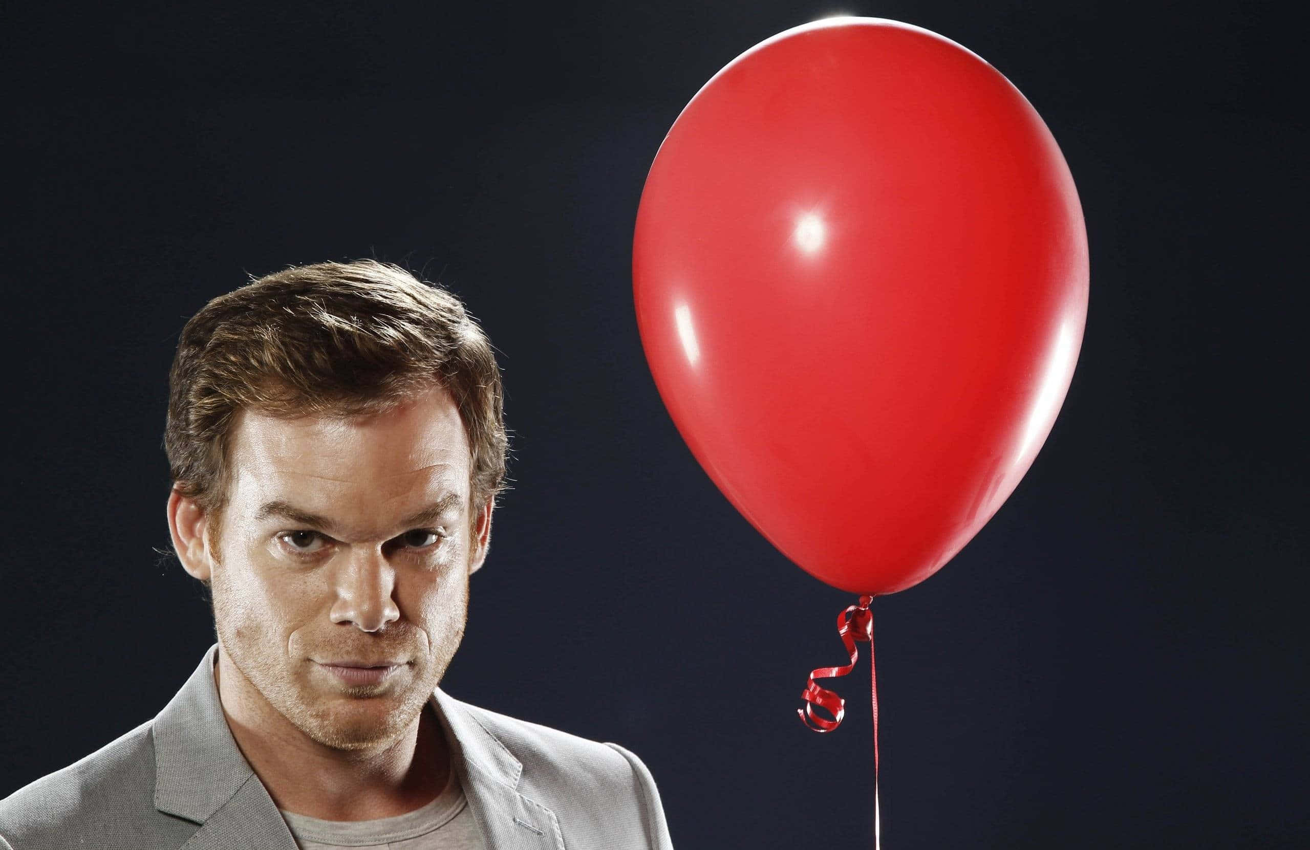 Michael C. Hall, gray suit, bright red balloon, Full HD Desktop Wallpaper
