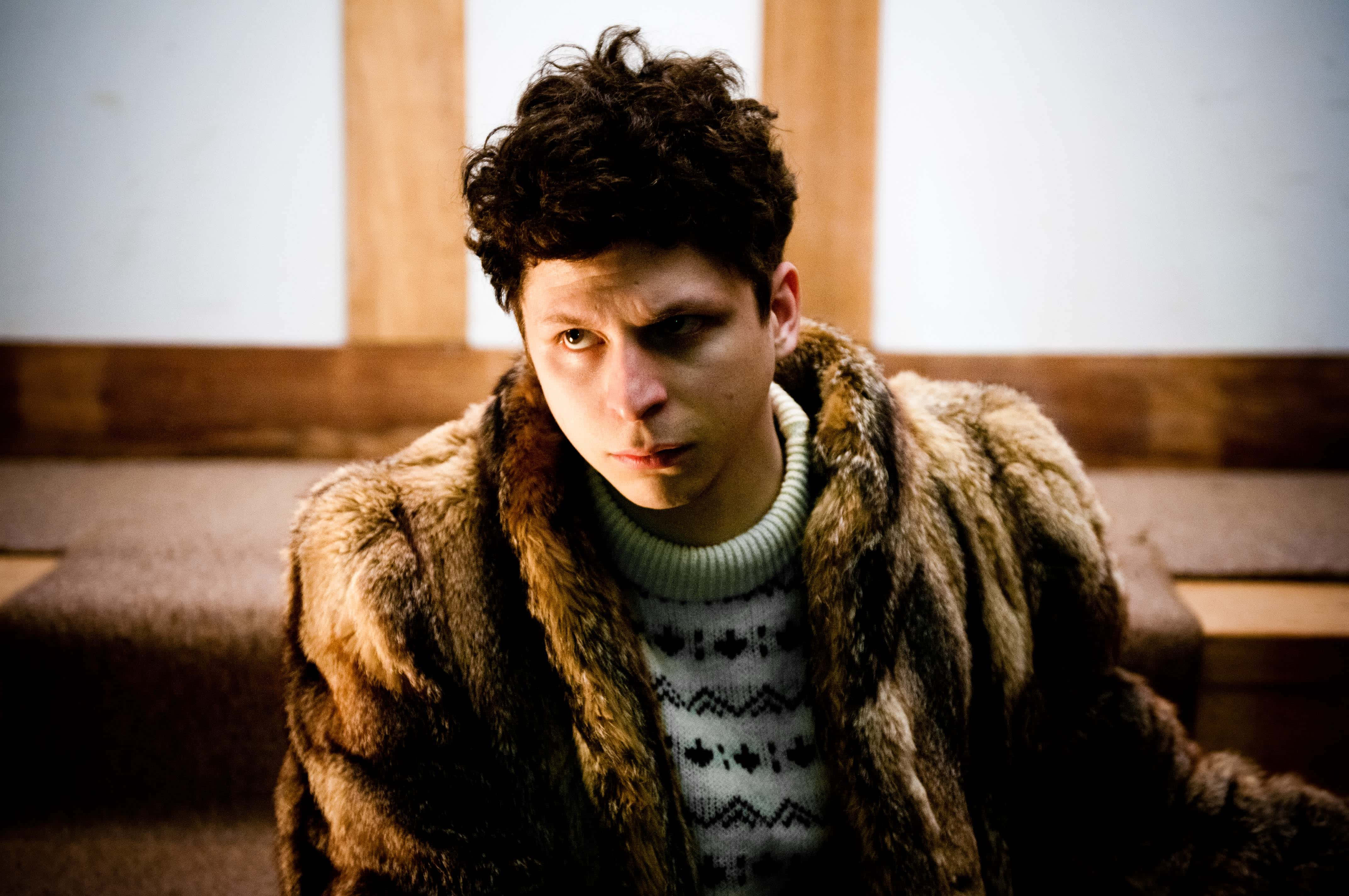 Michael Cera, fur coat, patterned sweater, 4K Desktop Wallpaper