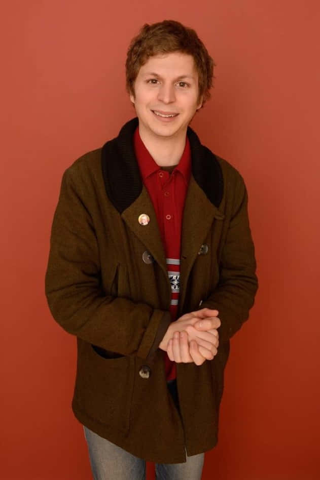 Michael Cera, brown coat, red shirt, SD Phone Wallpaper