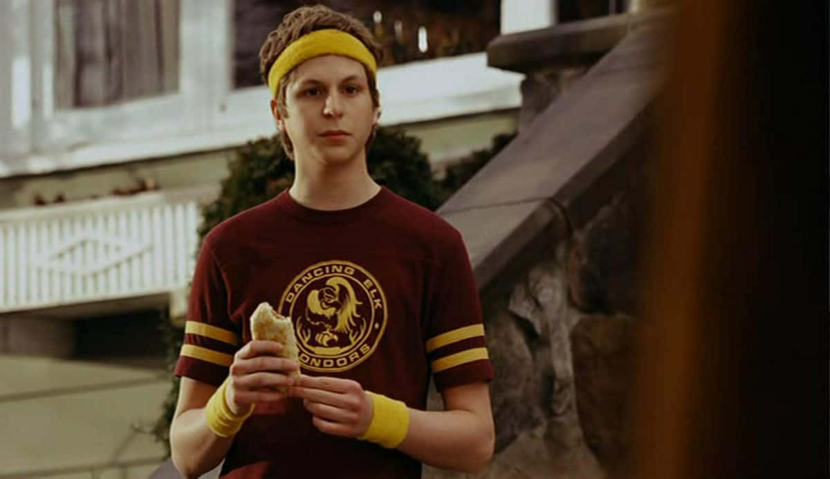 Michael Cera, Dancing Elk t-shirt, maroon, SD Desktop Wallpaper