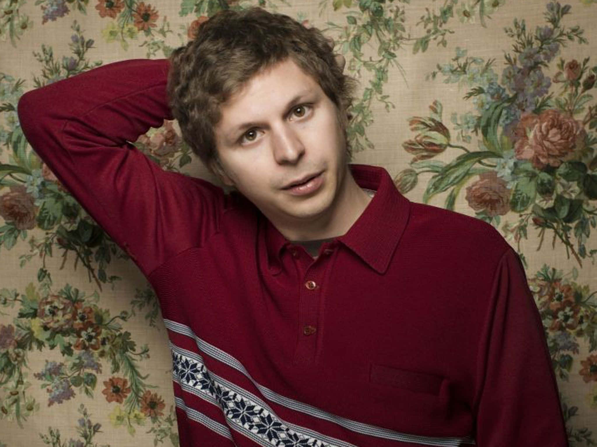 Michael Cera, red polo shirt, vintage floral wallpaper, Full HD Desktop Wallpaper