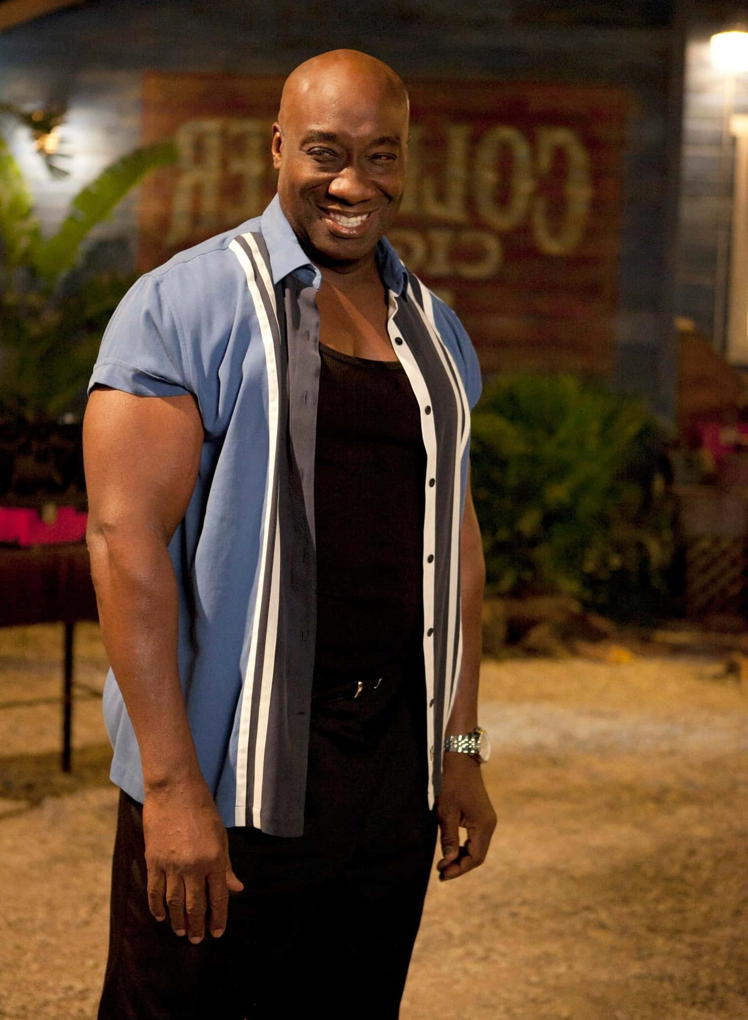 Michael Clarke Duncan, blue striped shirt, warm evening lights, Full HD Phone Wallpaper