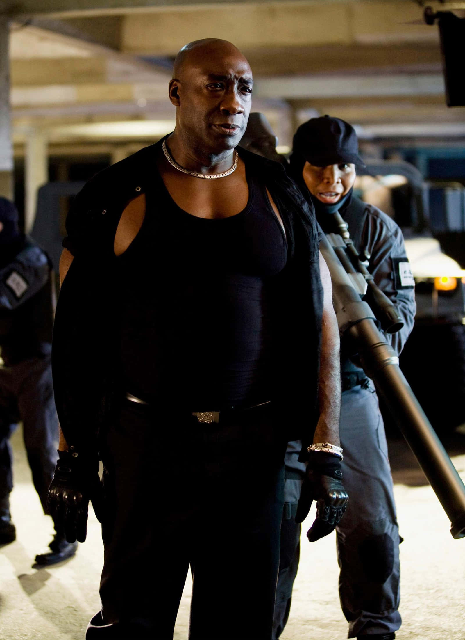 Michael Clarke Duncan, black tactical gear, dimly lit underground parking garage, Full HD Phone Wallpaper