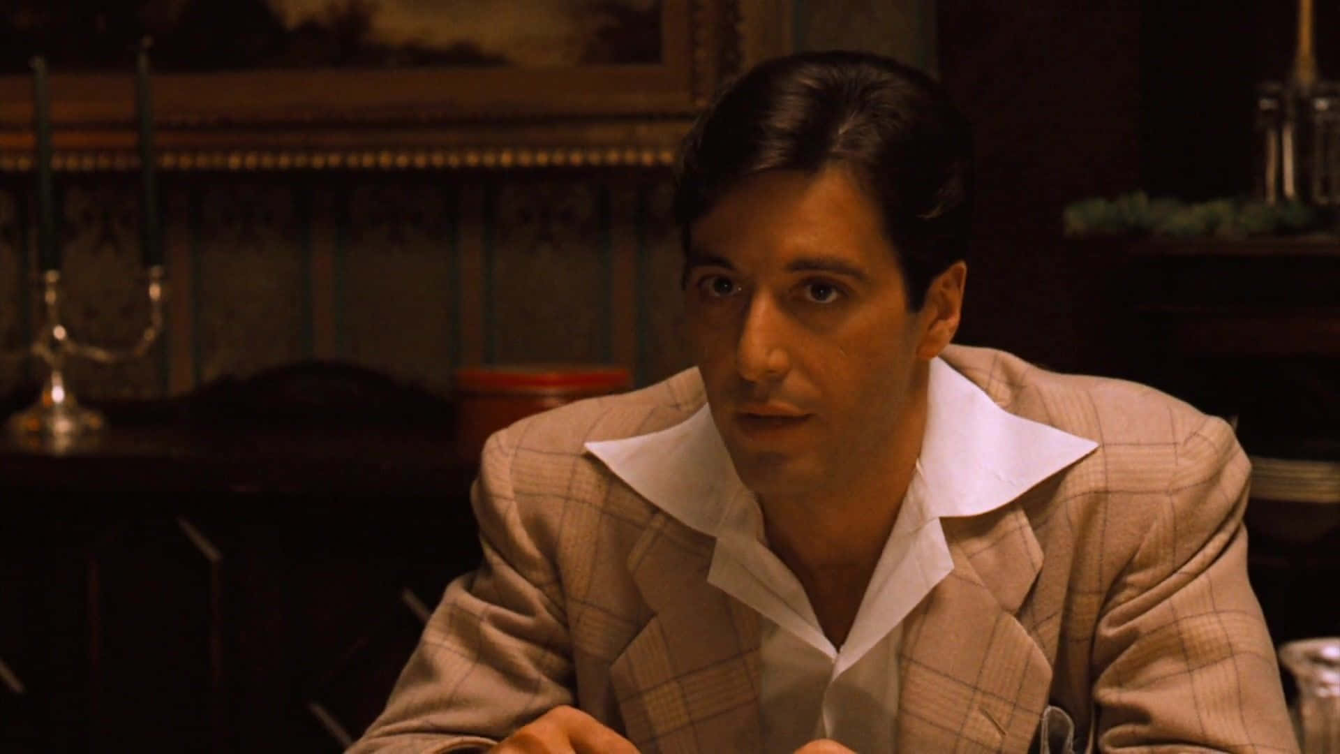 Michael Corleone, white suit, dimly lit room, Full HD Desktop Wallpaper