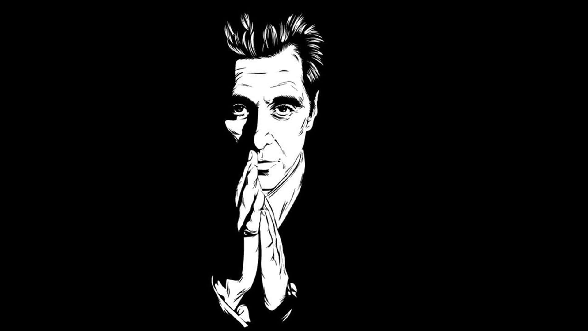 Michael Corleone, black and white, hands clasped near face, Full HD Desktop Wallpaper