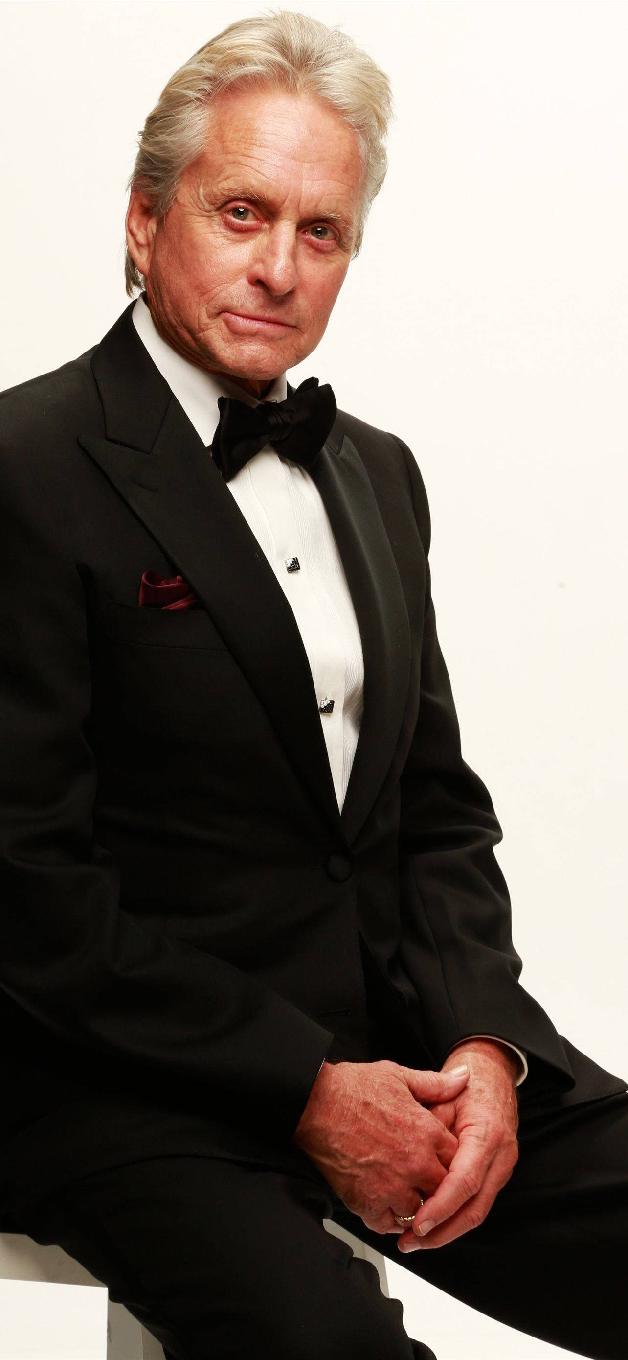 Michael Douglas, black tuxedo, red pocket square, 2K Phone Wallpaper