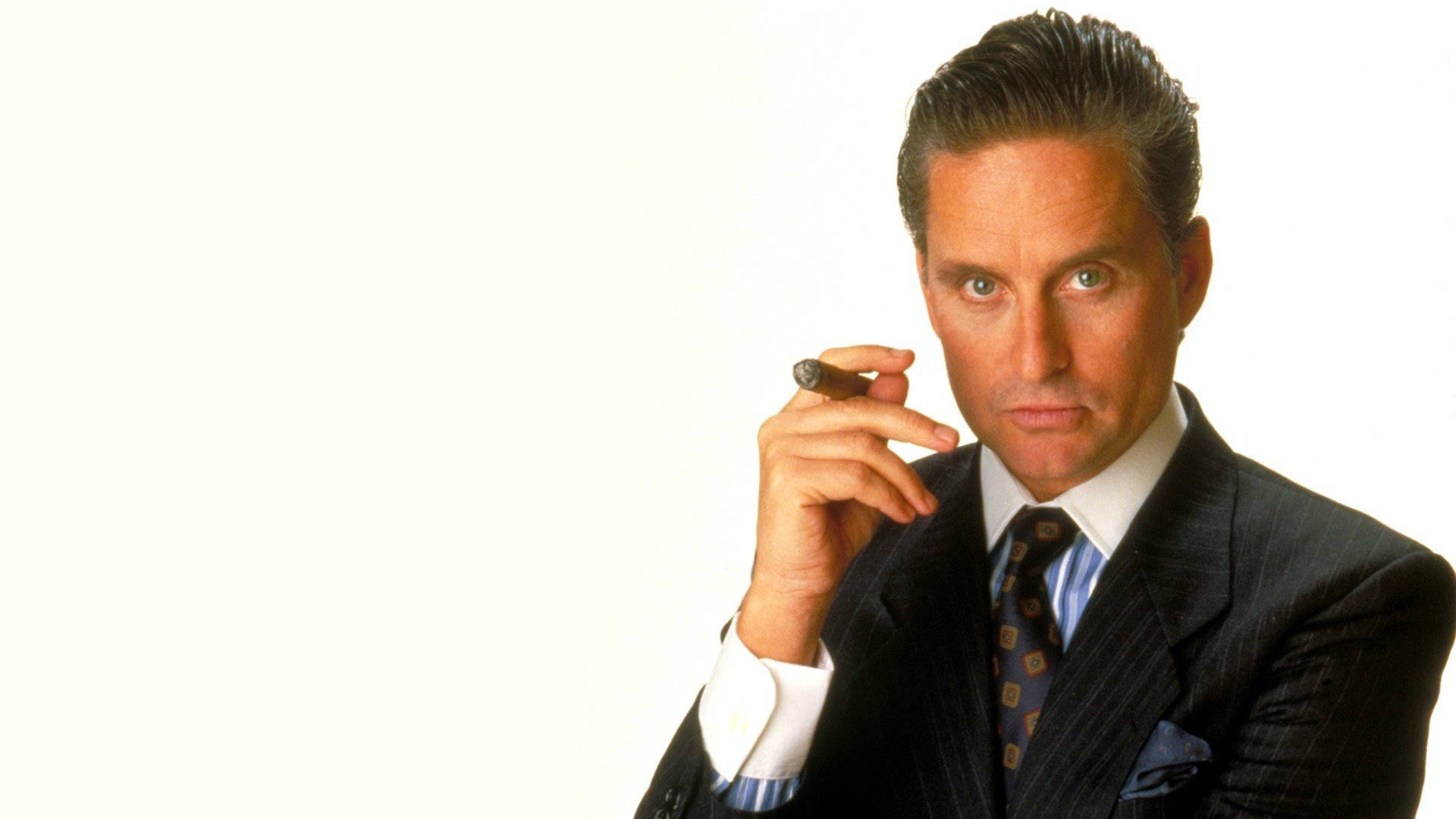 Michael Douglas, pinstripe suit, cigar, Full HD Desktop Wallpaper