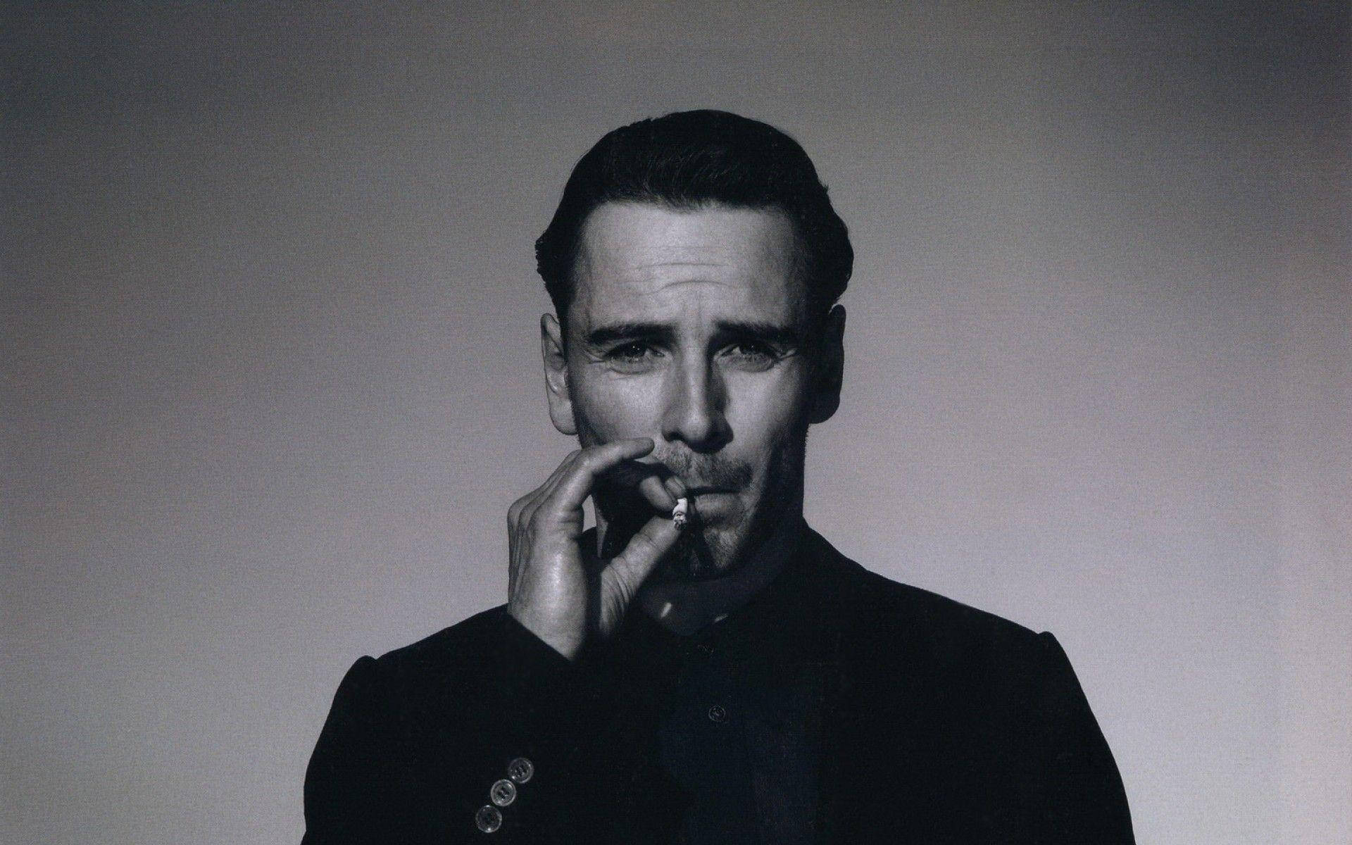 Michael Fassbender, black and white portrait, dark suit, Full HD Desktop Wallpaper