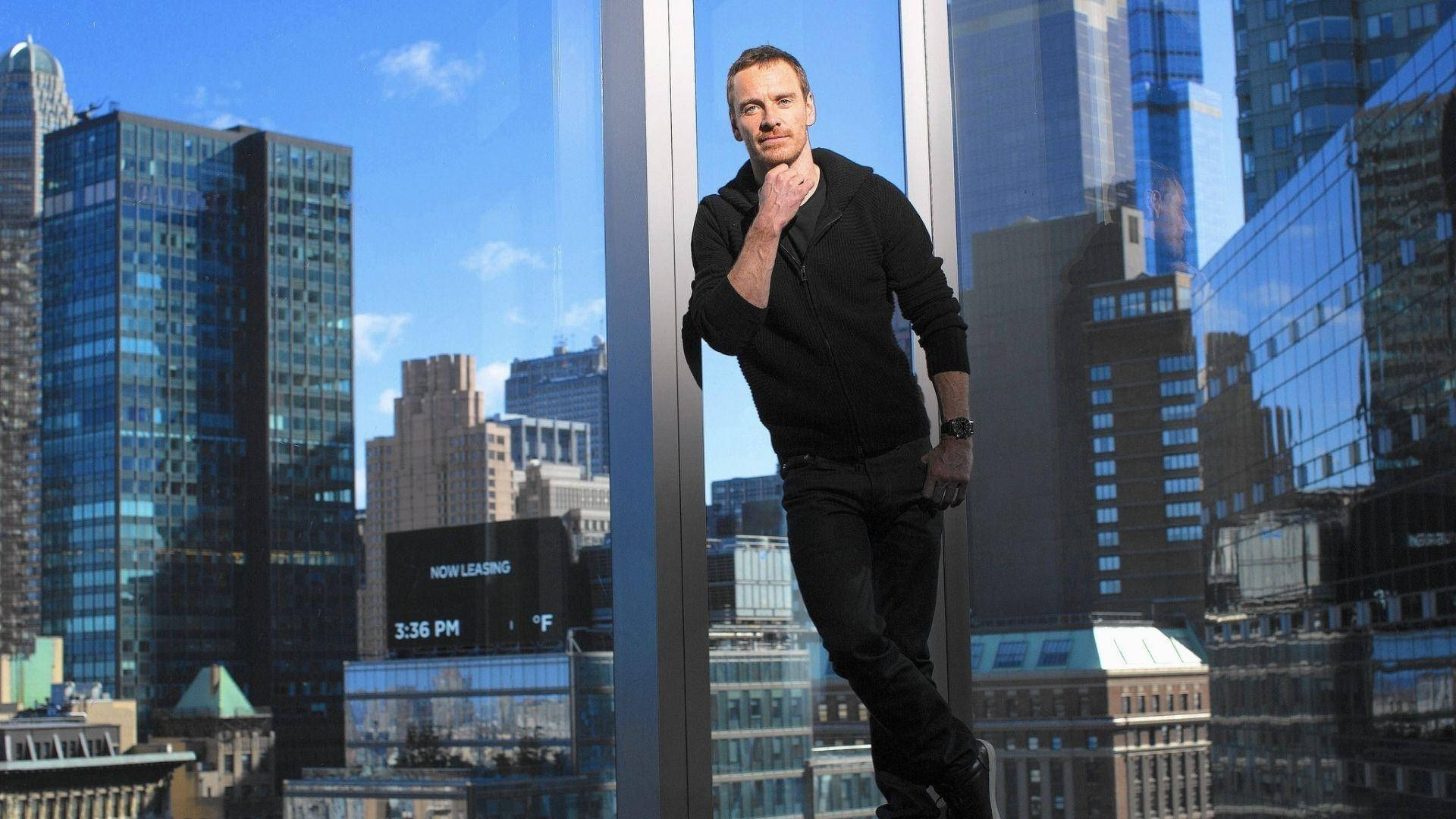 Michael Fassbender, glass window, bright blue sky, Full HD Desktop Wallpaper