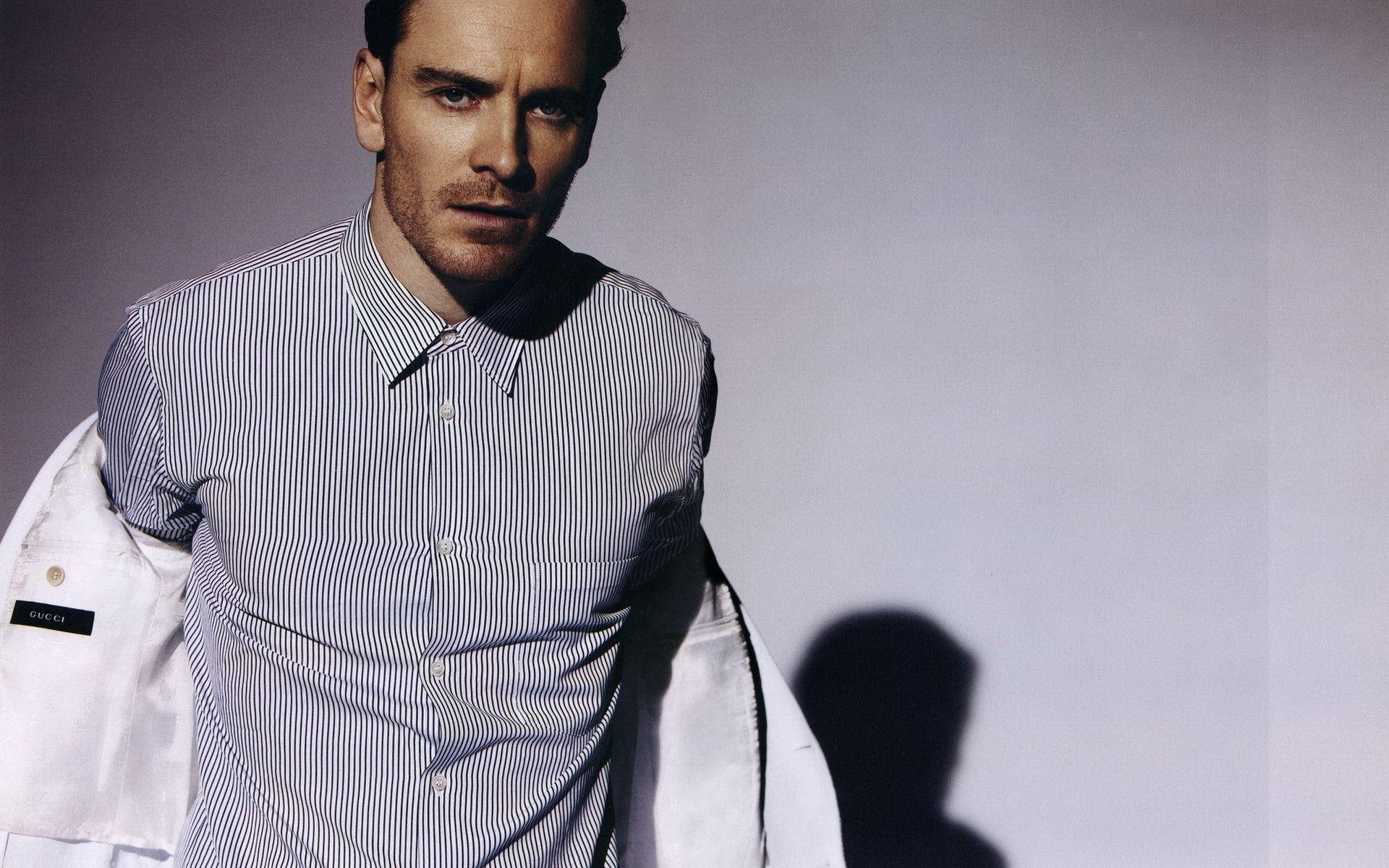 Michael Fassbender, striped shirt, white jacket, Full HD Desktop Wallpaper