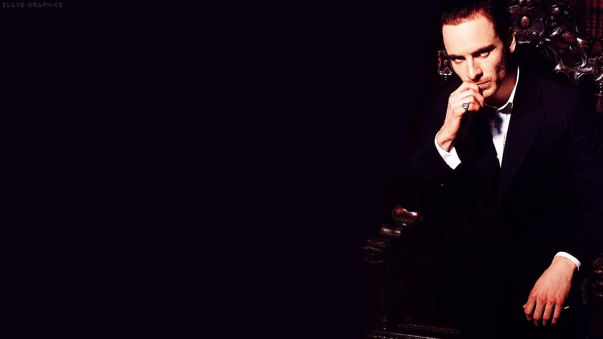 Michael Fassbender, black suit, dark ornate chair, Full HD Desktop Wallpaper