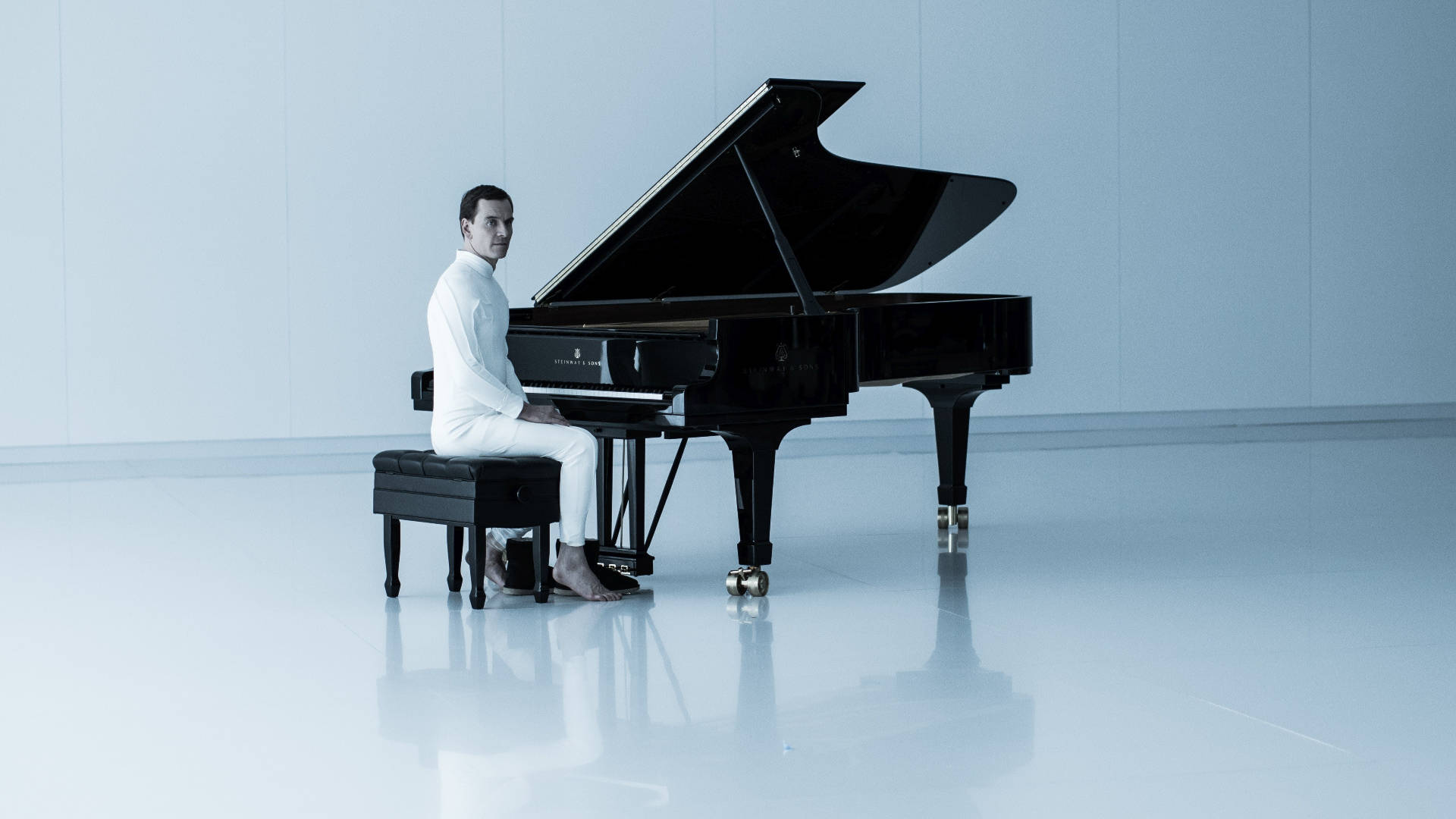 Michael Fassbender, black grand piano, minimalist studio, Full HD Desktop Wallpaper