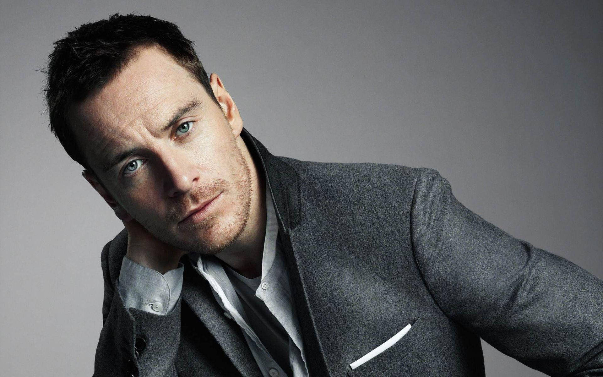 Michael Fassbender, gray suit, intense blue eyes, Full HD Desktop Wallpaper