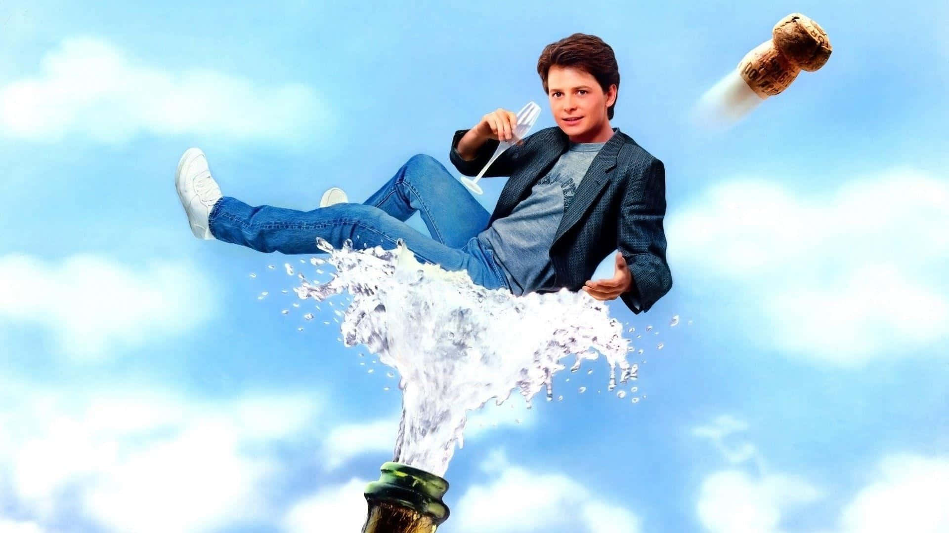 Michael J Fox, champagne bottle explosion, bright blue sky, Full HD Desktop Wallpaper