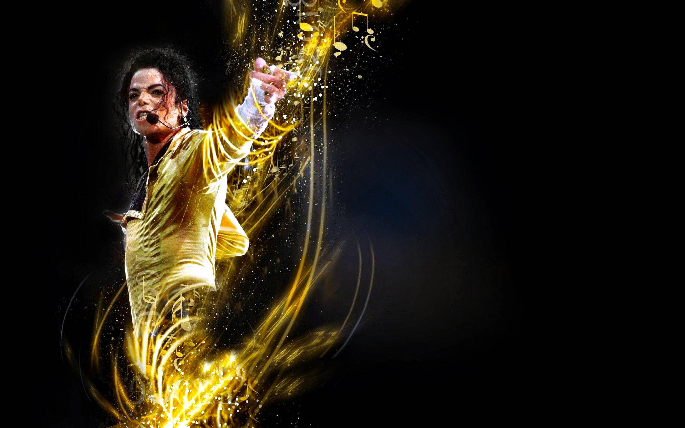 Michael Jackson, golden outfit, glowing musical notes, 2K Desktop Wallpaper