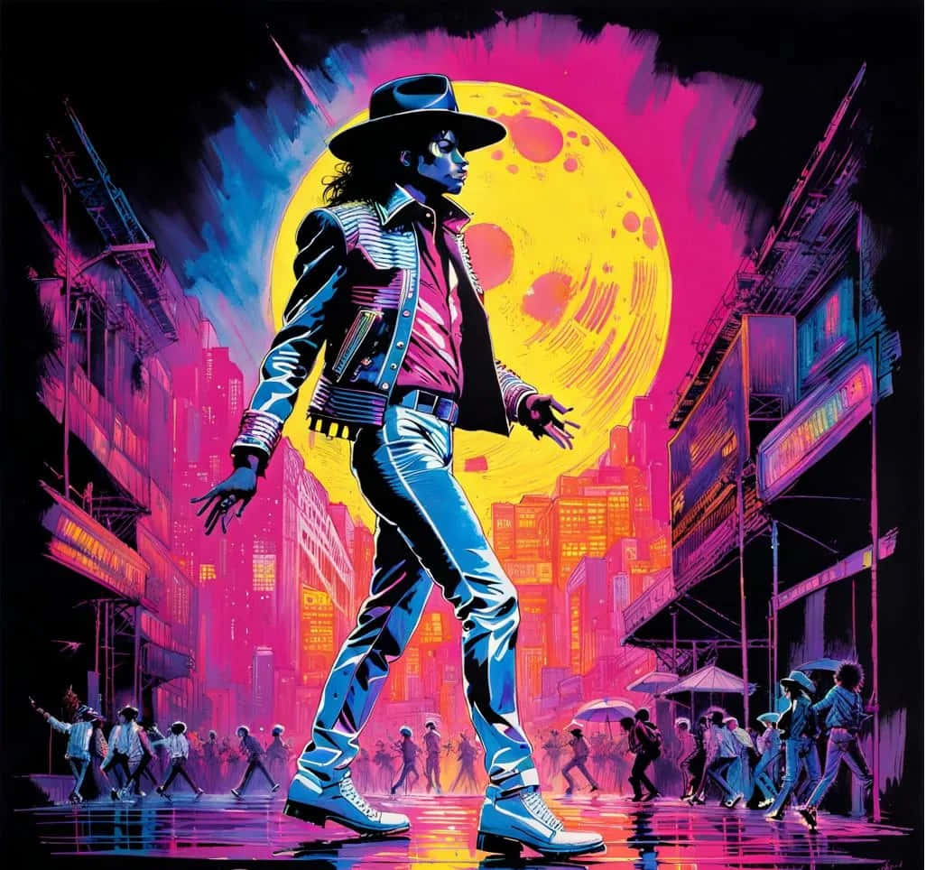 Michael Jackson, neon-drenched cityscape, giant yellow moon, SD Desktop Wallpaper