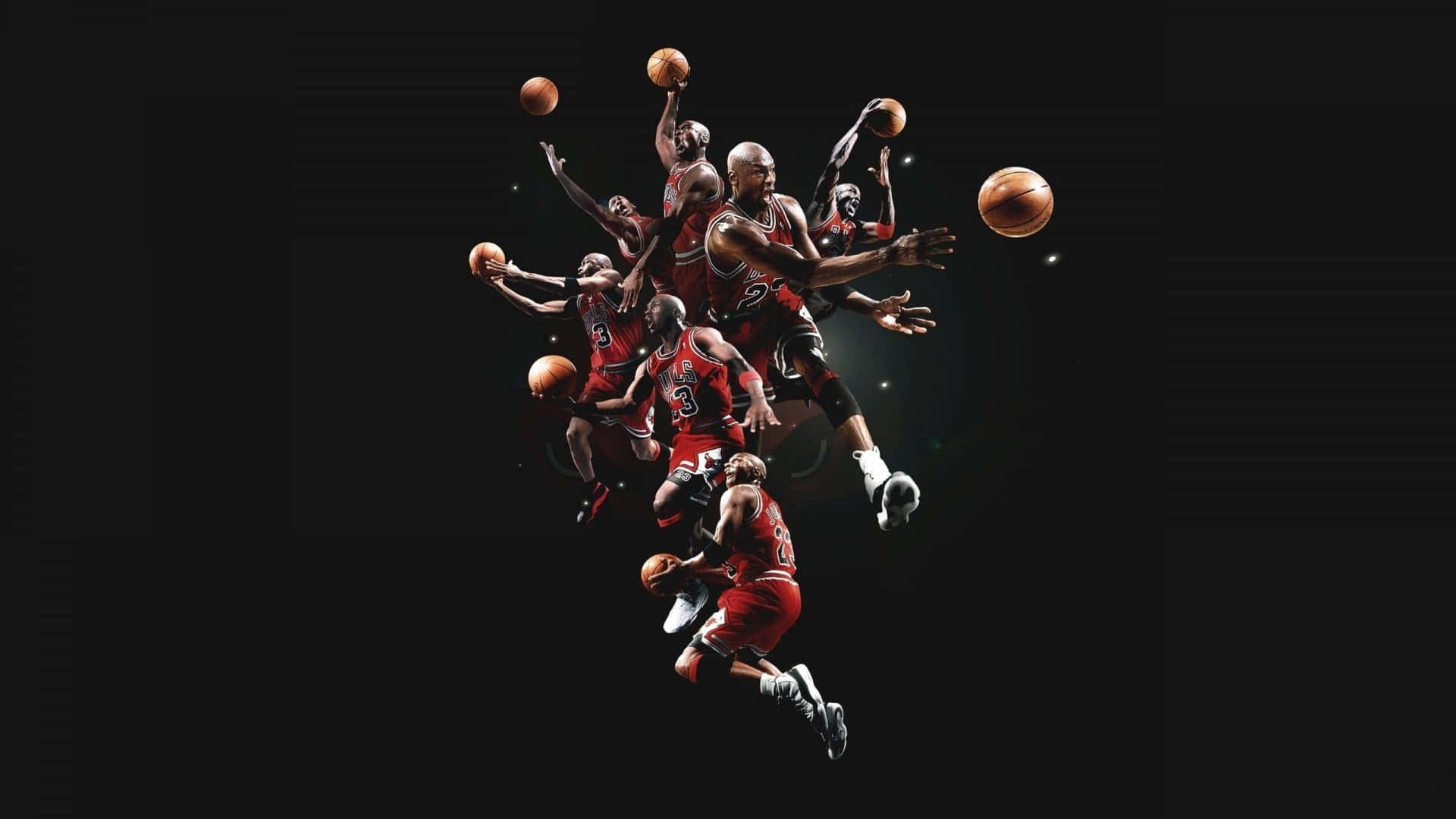 Michael Jordan, midair basketball poses, dark background, Full HD Desktop Wallpaper