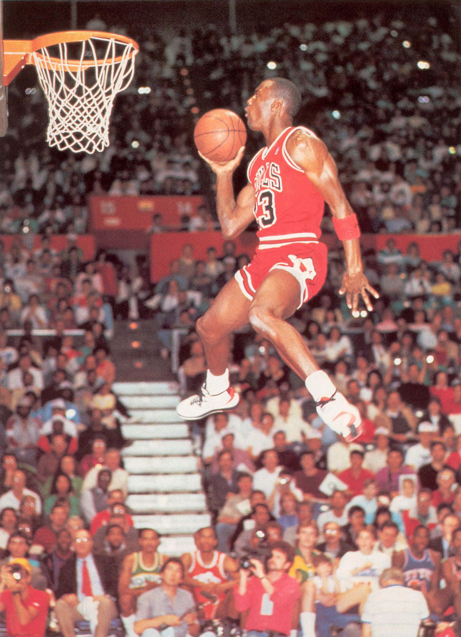 Michael Jordan, red Chicago Bulls jersey, dunk, Full HD Phone Wallpaper