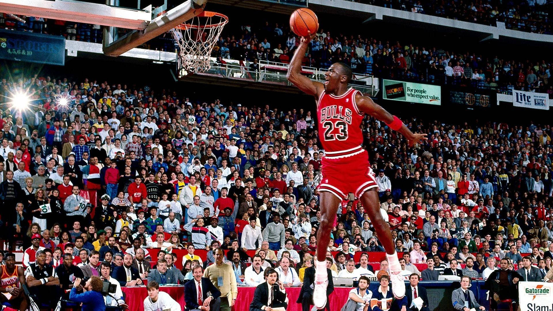 Michael Jordan, red Bulls jersey, slam dunk, Full HD Desktop Wallpaper