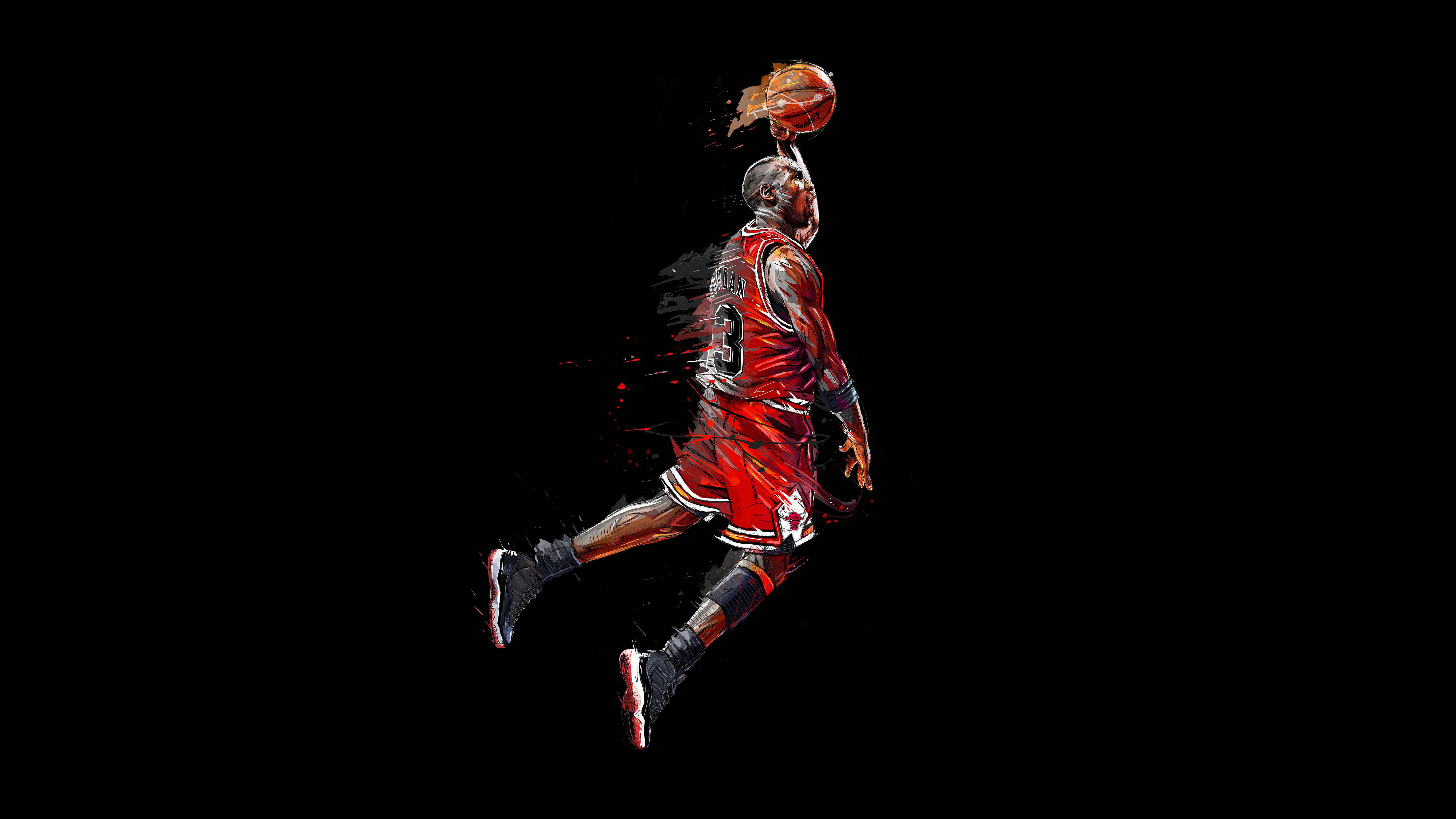 Michael Jordan, dunking a basketball, stark black background, 5K Desktop Wallpaper