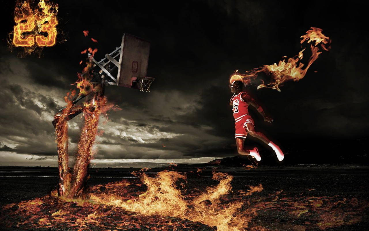 Michael Jordan, red jersey, burning hoop, HD Desktop Wallpaper