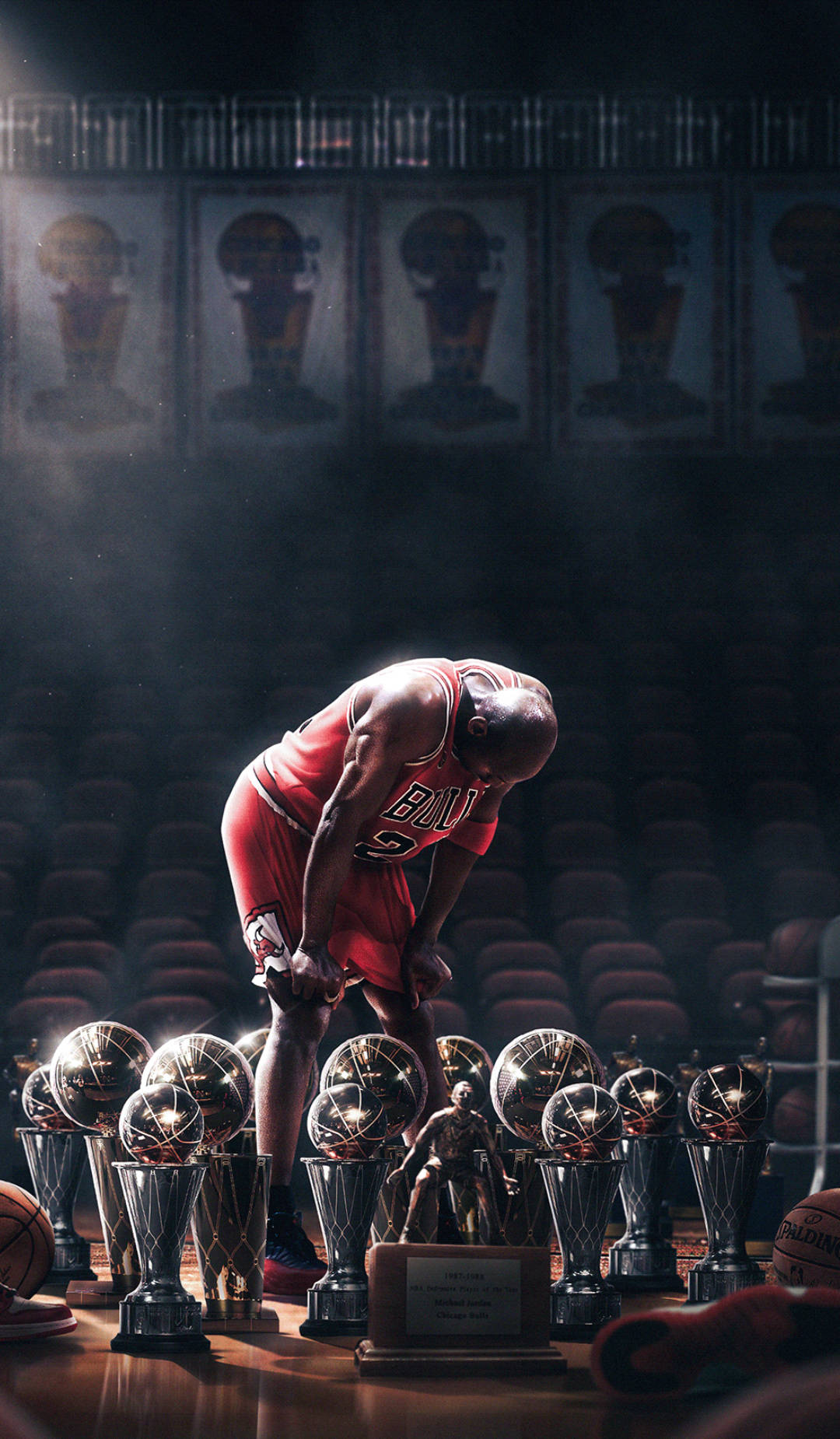 Michael Jordan, red Bulls jersey, championship trophies, HD Phone Wallpaper