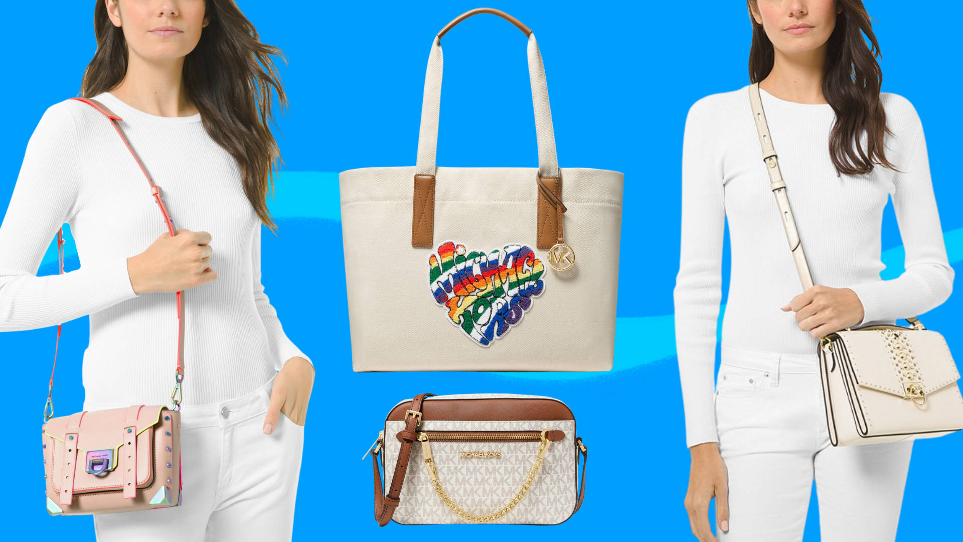 Michael Kors, white outfits, colorful handbags, Full HD Desktop Wallpaper