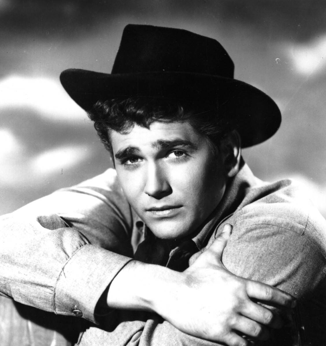 Michael Landon, black and white portrait, cowboy hat, SD Phone Wallpaper