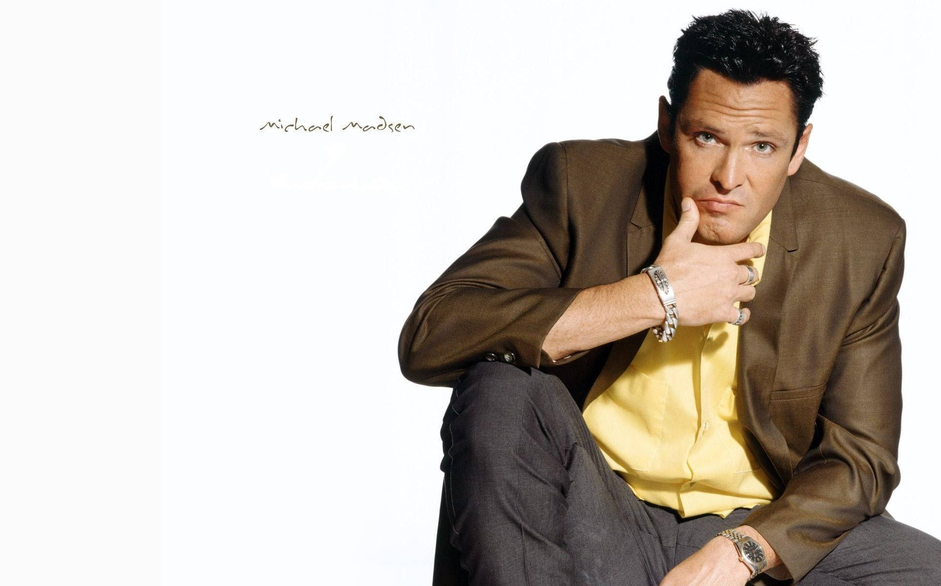 Michael Madsen, brown suit, yellow shirt, Full HD Desktop Wallpaper