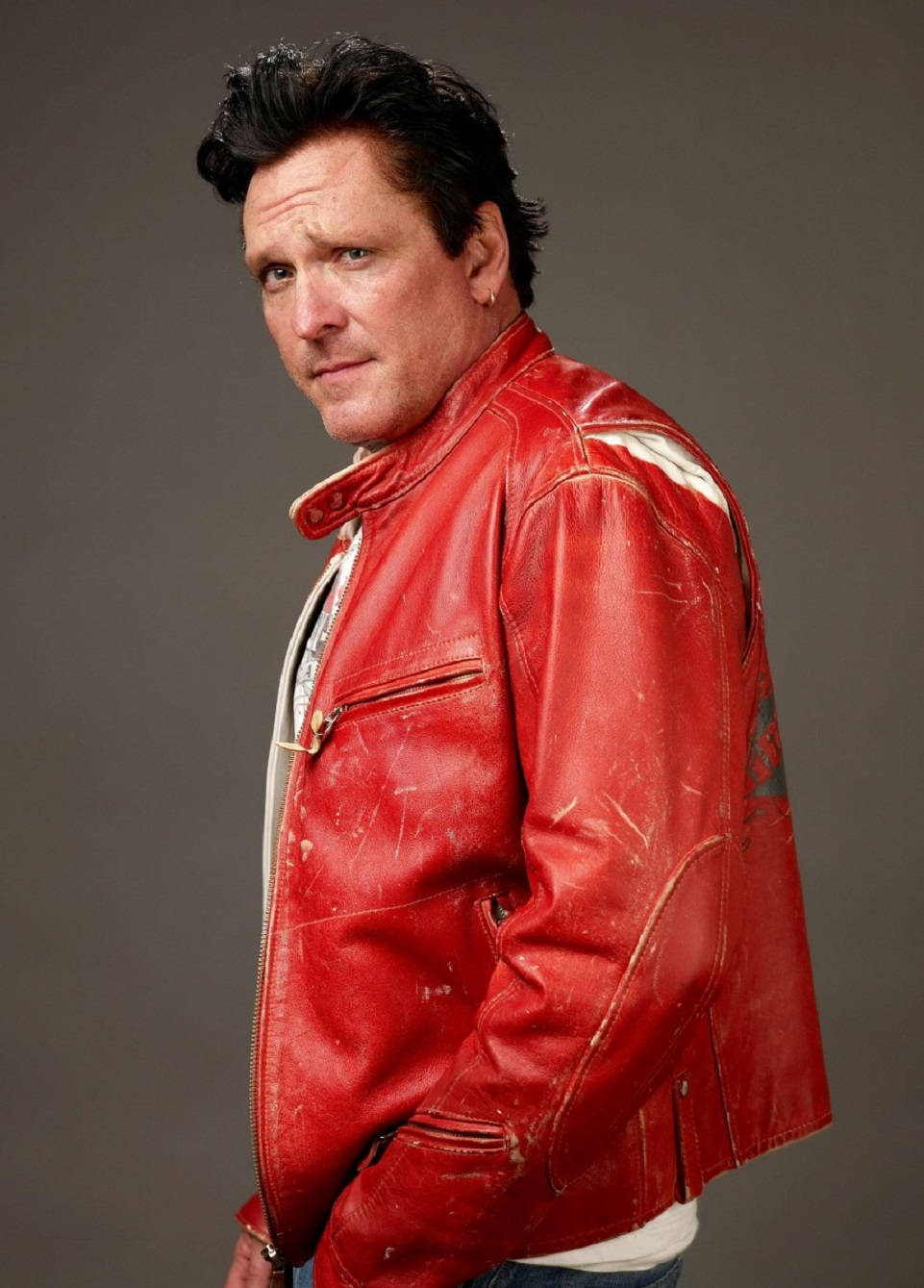 Michael Madsen, red leather jacket, gray background, HD Phone Wallpaper