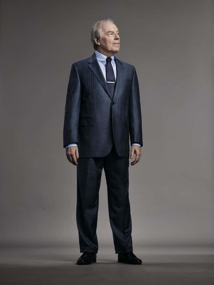 Michael McKean, pinstripe suit, neutral gray studio backdrop, SD Phone Wallpaper