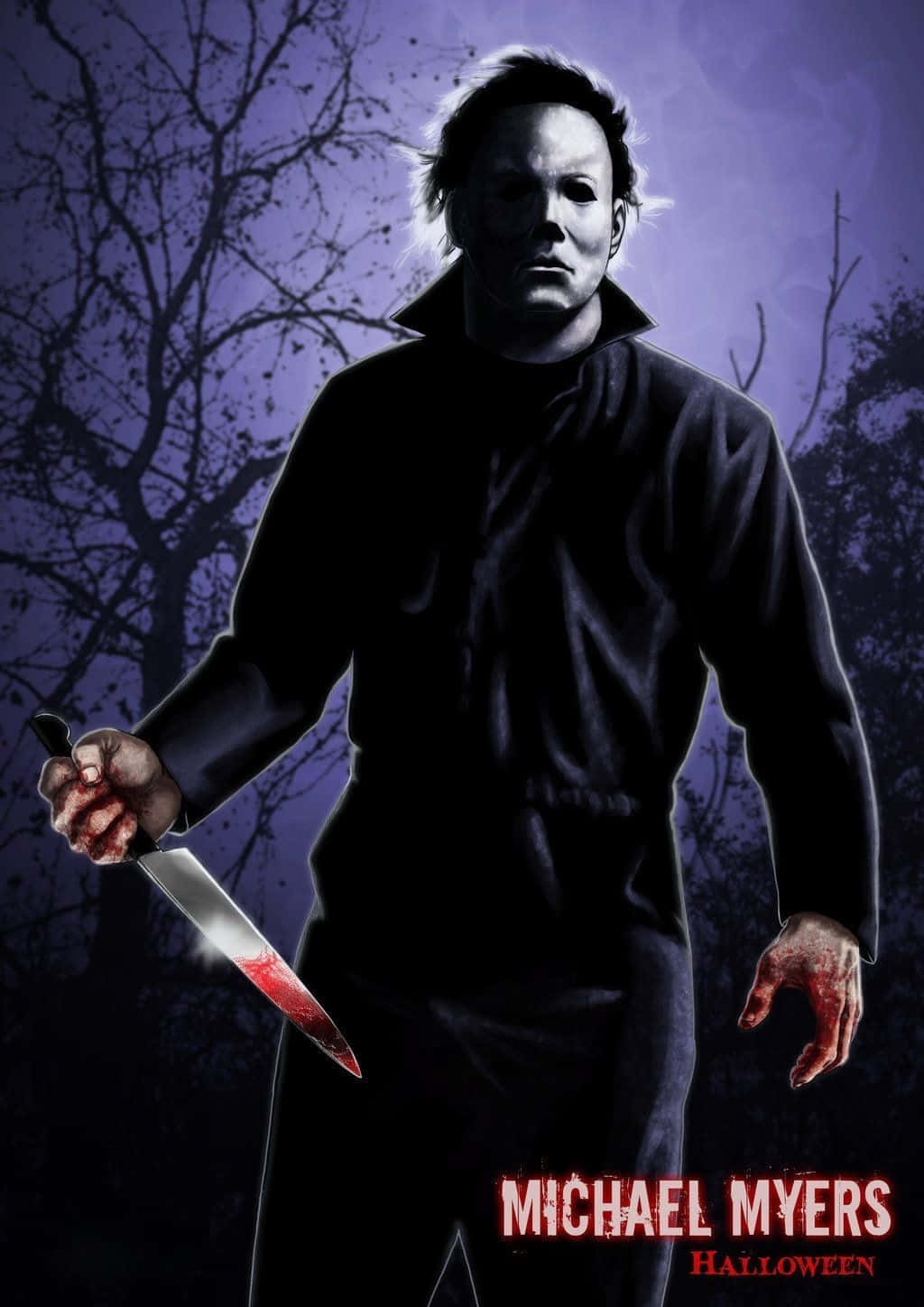 Michael Myers, dark purple night, bloodied knife, HD Phone Wallpaper