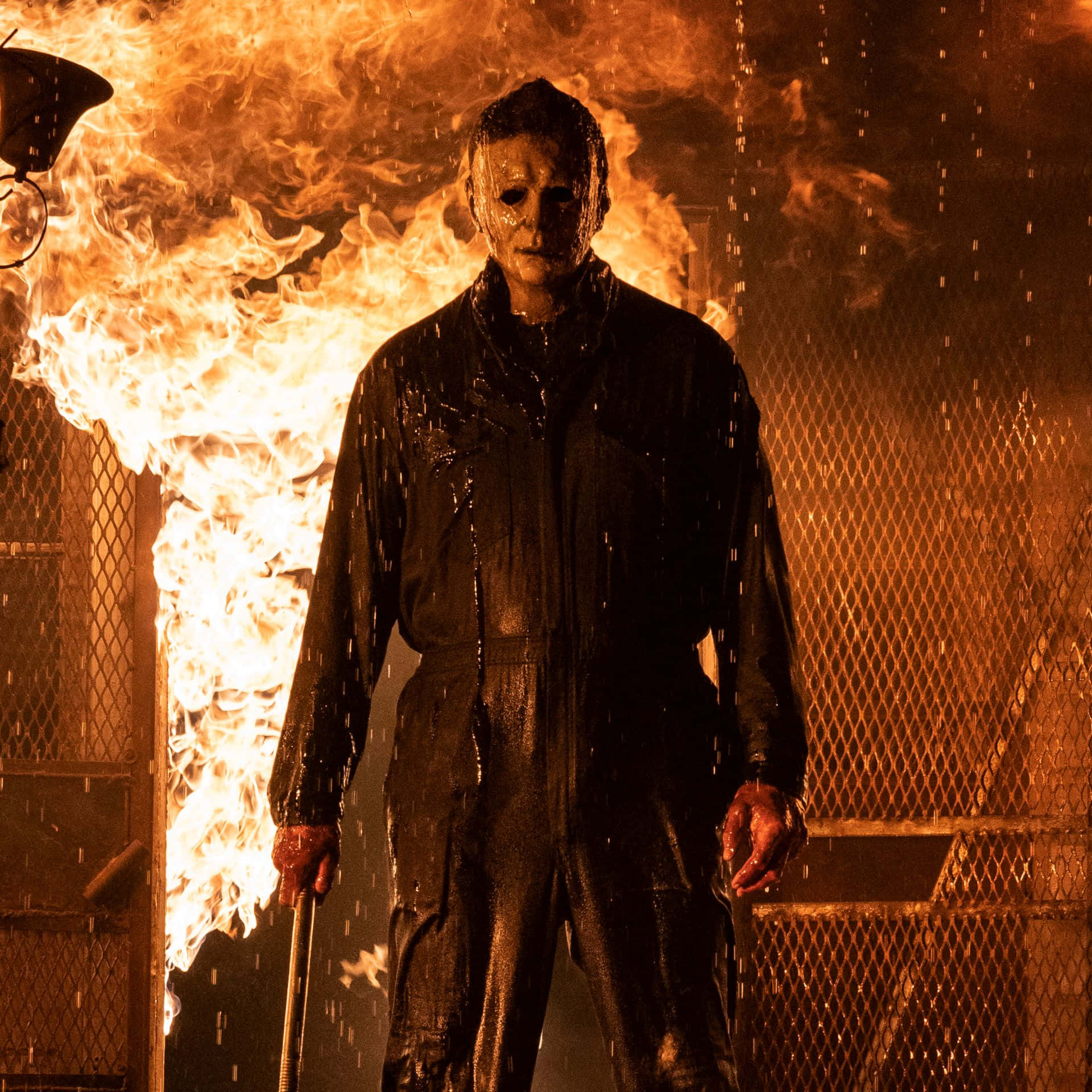 Michael Myers, fire, rain, Full HD Desktop Wallpaper