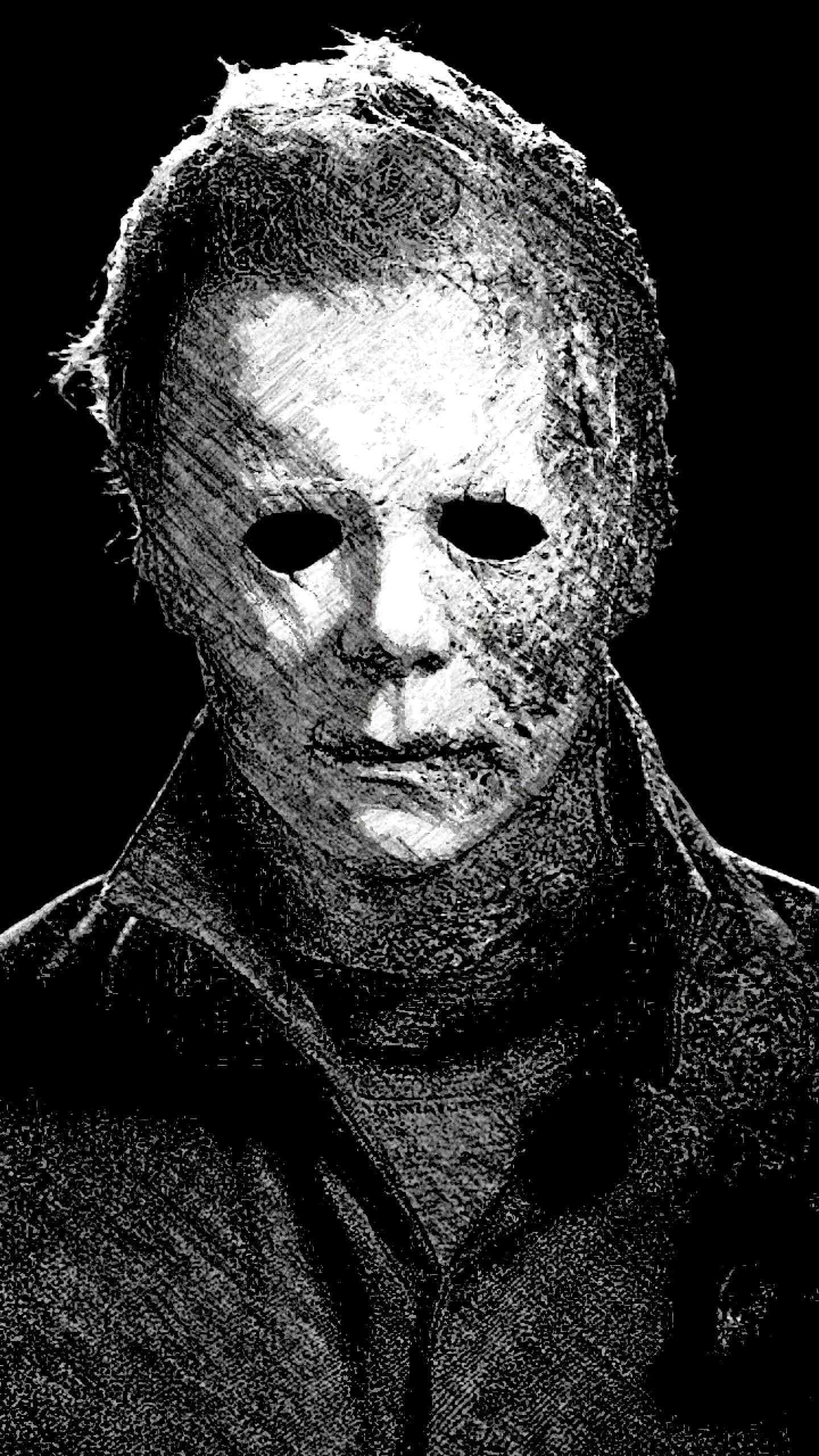 Michael Myers, iconic blank white mask, black and white sketch, 2K Phone Wallpaper