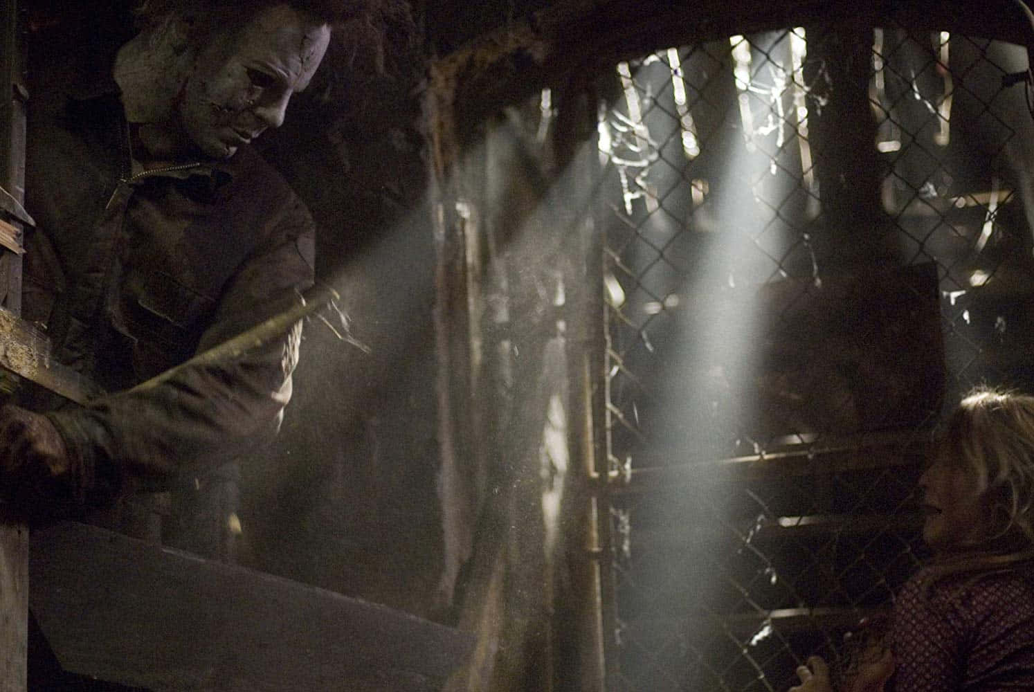 Michael Myers, bloodied face, rusted chain link fence, HD Desktop Wallpaper
