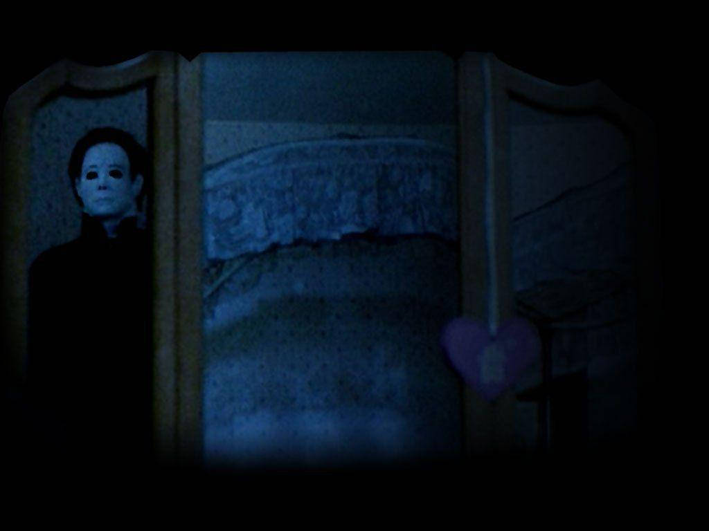 Michael Myers, white mask, dark wooden screen, SD Desktop Wallpaper
