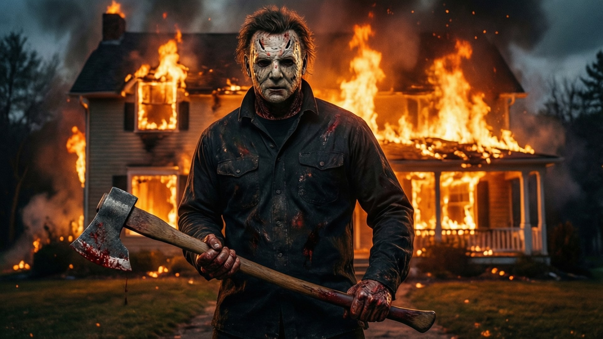 Michael Myers, masked horror figure, bloodied axe, Full HD Desktop Wallpaper