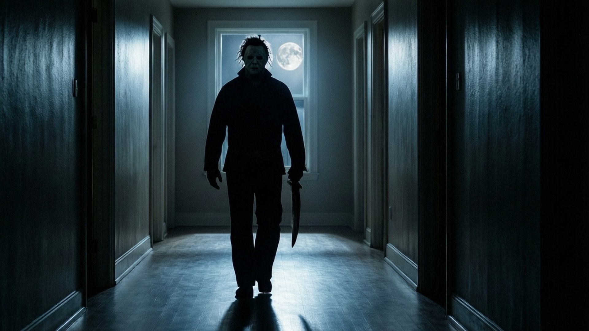 Michael Myers, dim hallway, masked figure, Full HD Desktop Wallpaper