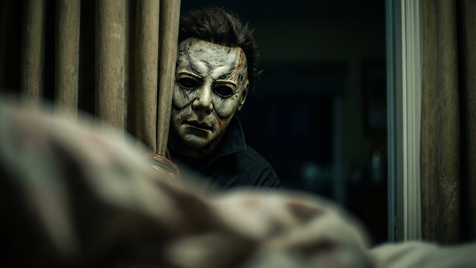 Michael Myers, masked horror figure, curtains, Full HD Desktop Wallpaper
