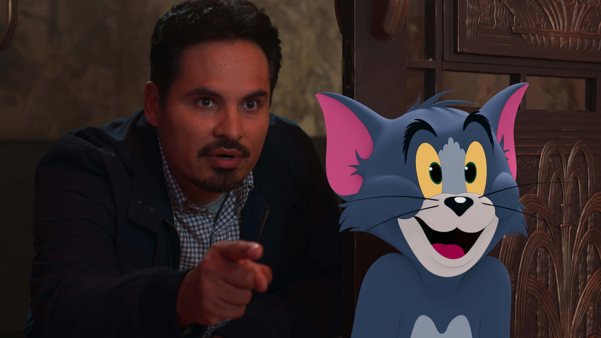 Michael Peña, dark jacket, cheerful cartoon cat, Full HD Desktop Wallpaper