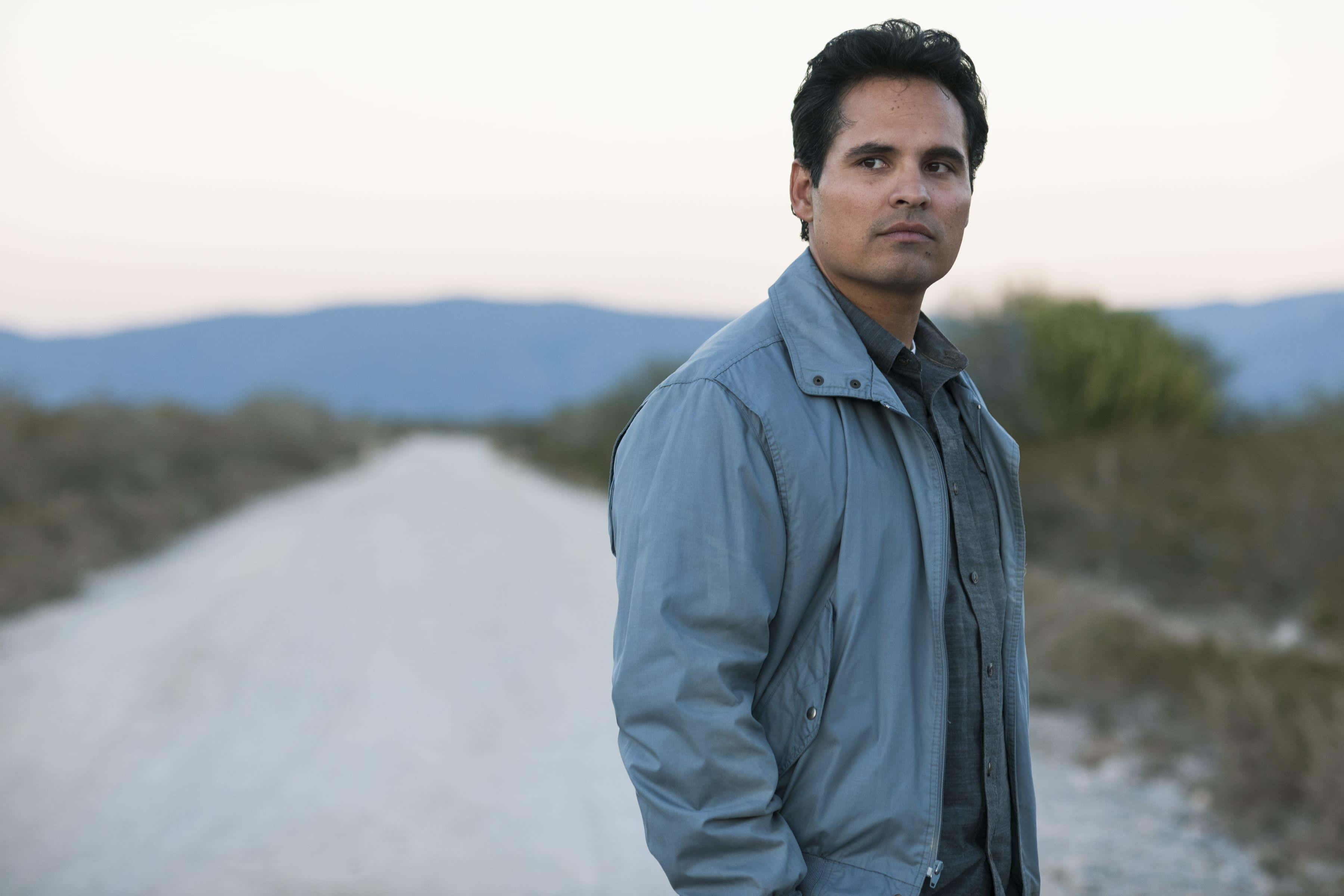 Michael Peña, gray jacket, dusty road, 2K Desktop Wallpaper
