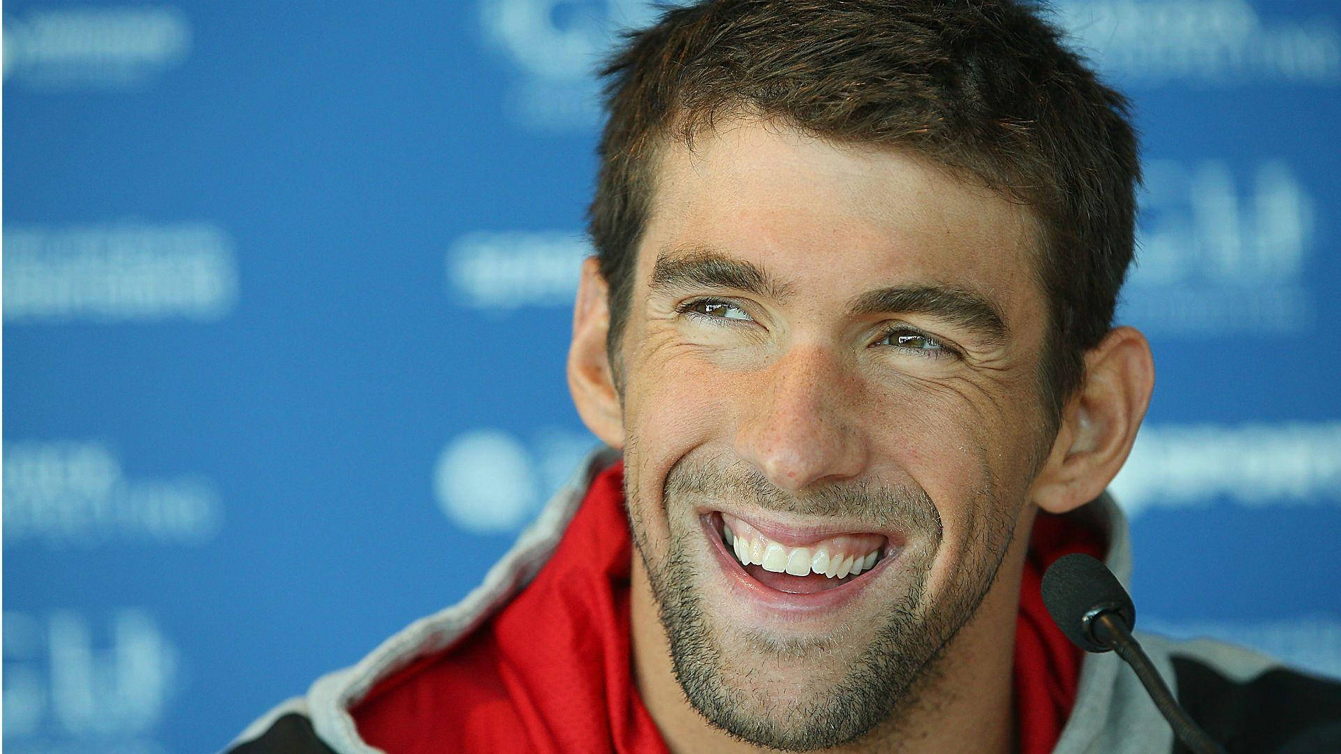 Michael Phelps, red jacket, blue branded backdrop, Full HD Desktop Wallpaper