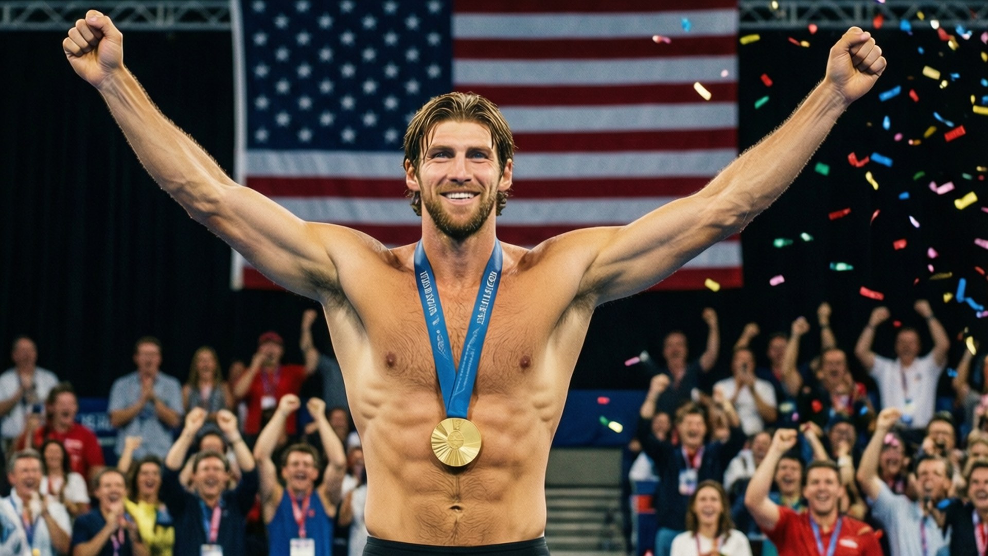 gold medal, American flag backdrop, confetti, Full HD Desktop Wallpaper