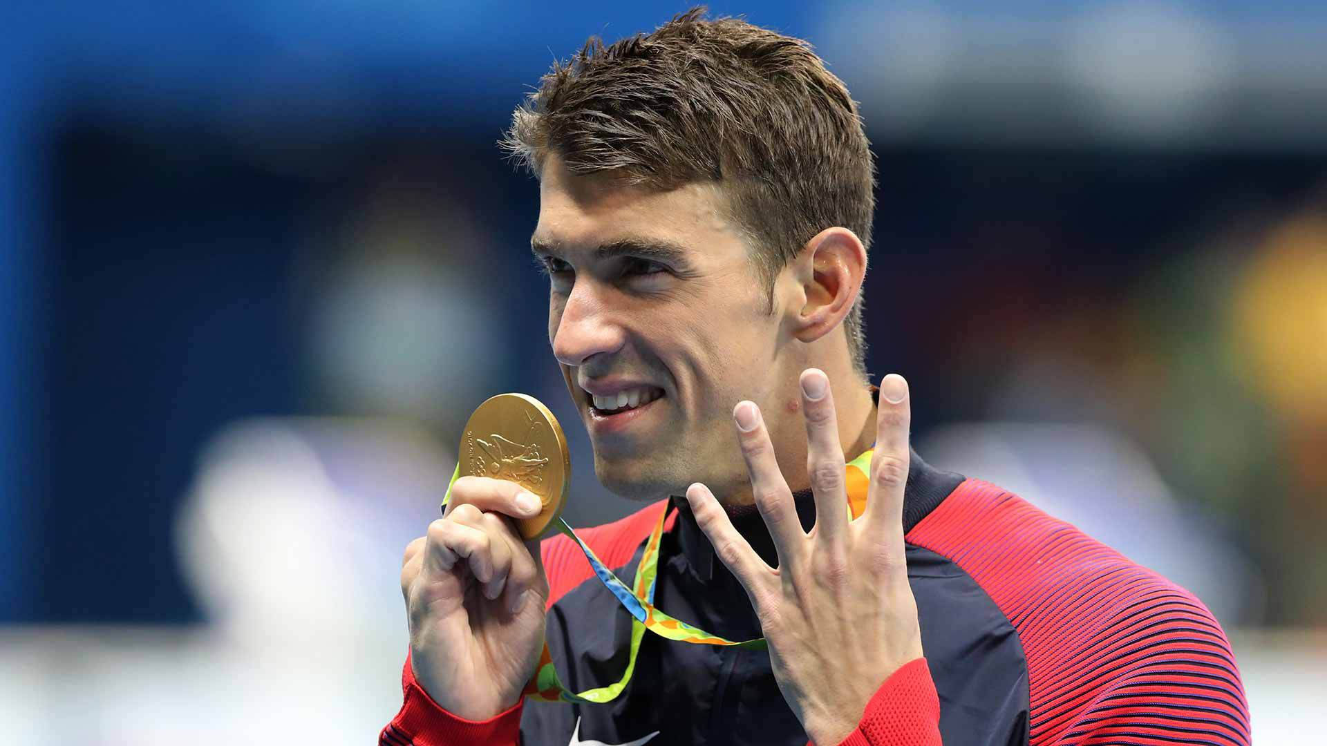 Michael Phelps, gold medal, five fingers, Full HD Desktop Wallpaper