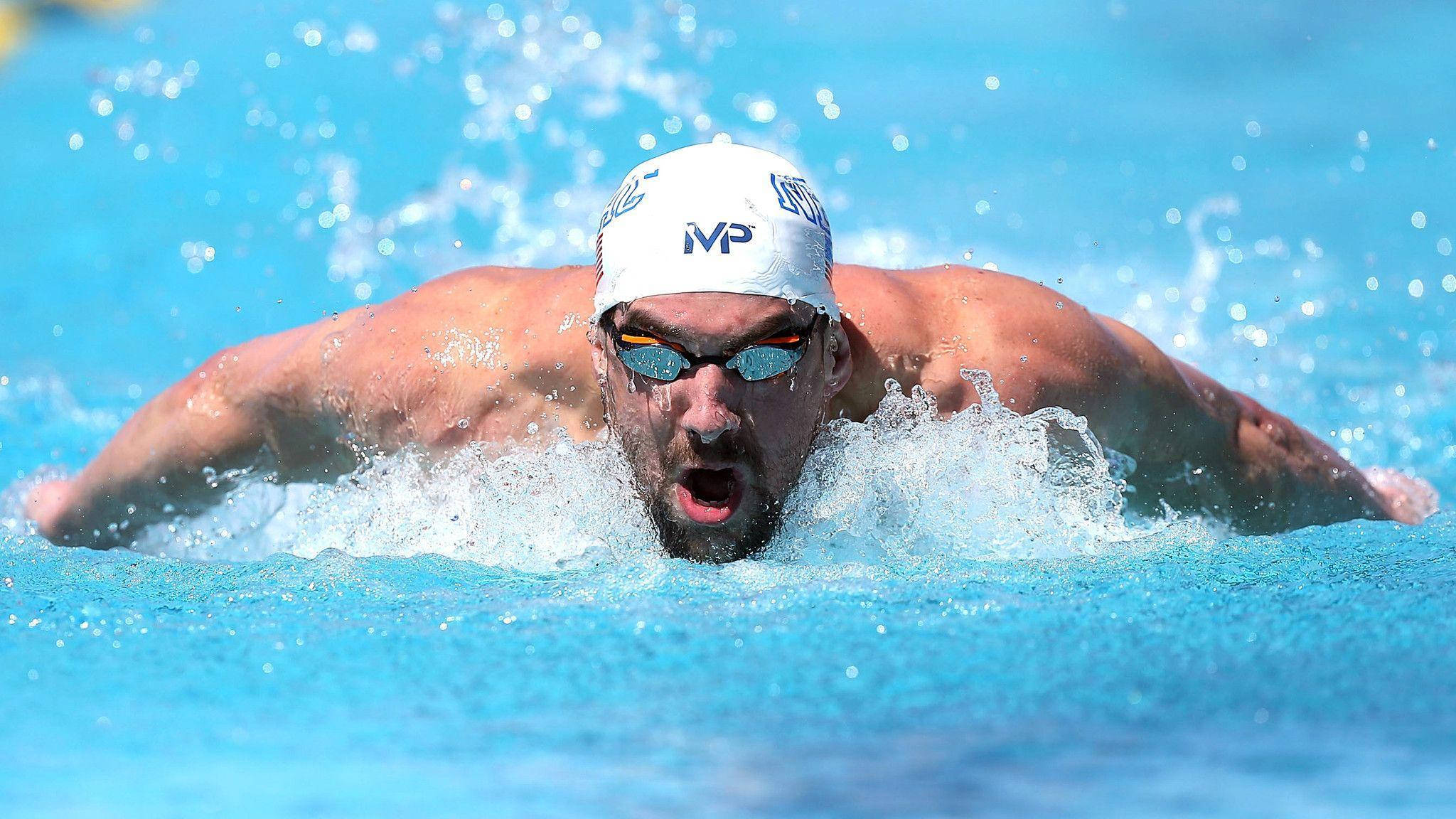 Michael Phelps, white cap, freestyle stroke, Full HD Desktop Wallpaper