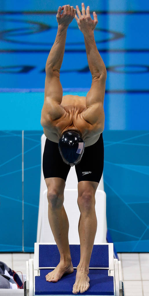 Michael Phelps, black swim trunks, blue diving board, SD Phone Wallpaper