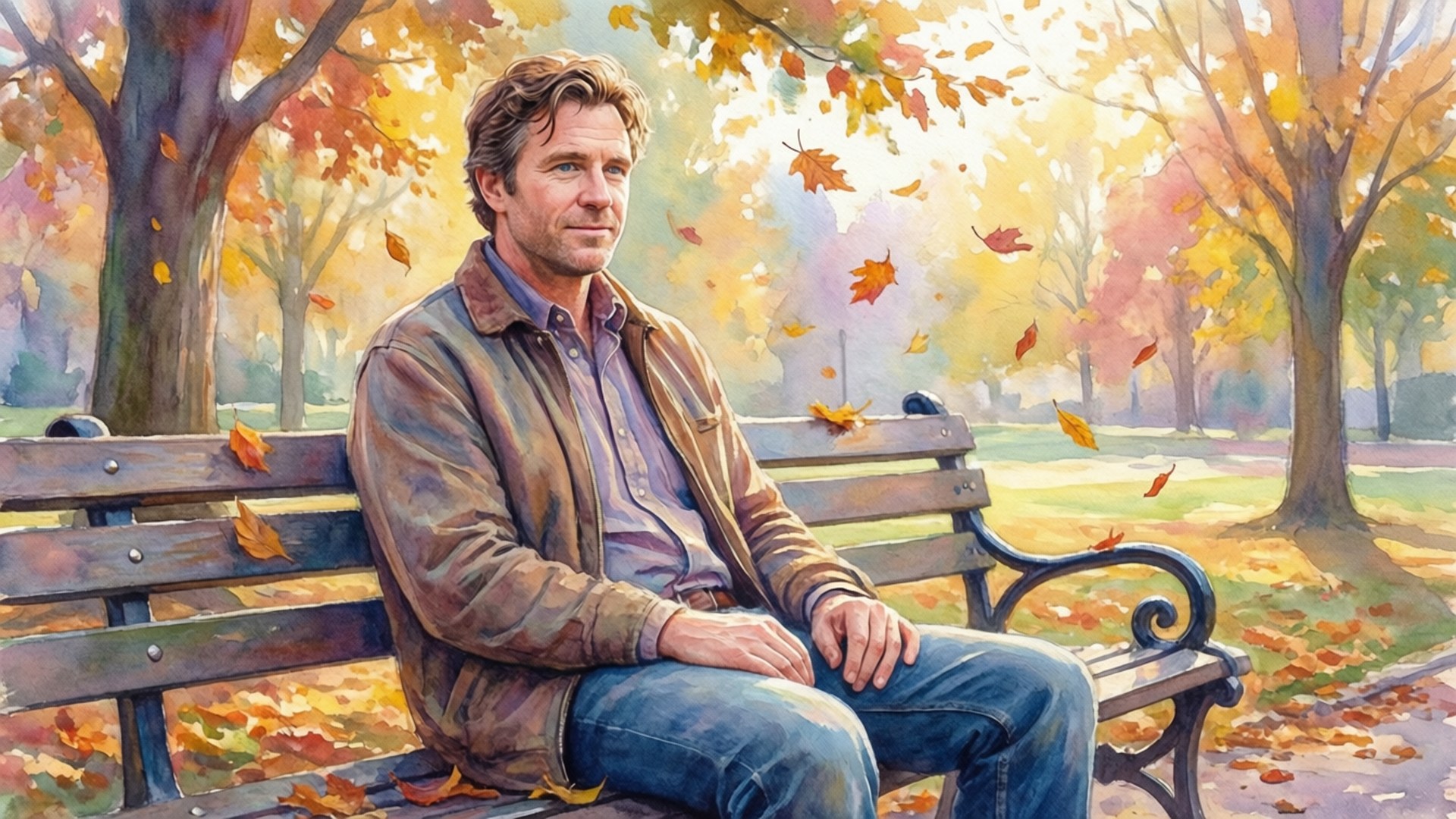 Michael Rounds, autumn park, watercolor painting, Full HD Desktop Wallpaper