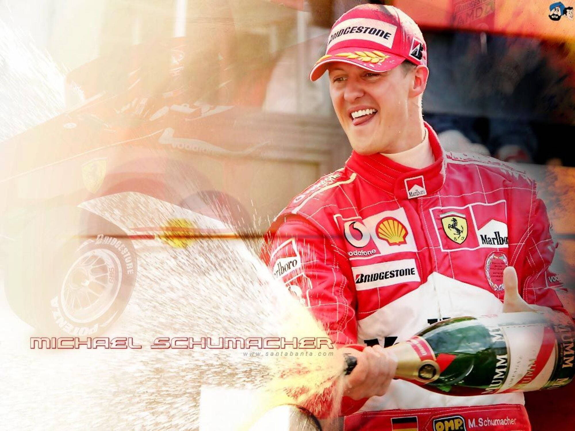 Michael Schumacher, red Ferrari racing gear, champagne bottle, Full HD Desktop Wallpaper